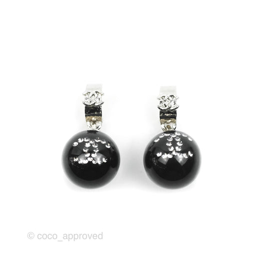 Chanel CC Drop Black Sphere Hoop Earrings Silver Tone 21K