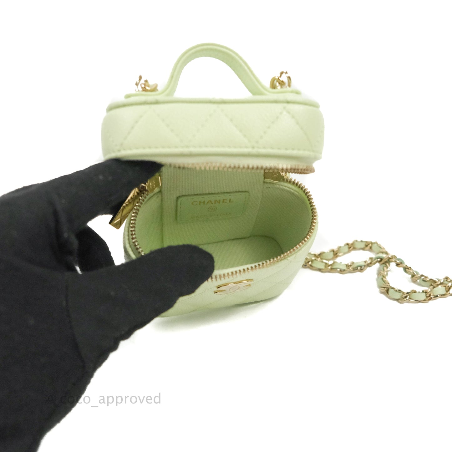 Chanel Quilted Small Handle With Care Vanity Case With Chain Green Caviar Gold Hardware