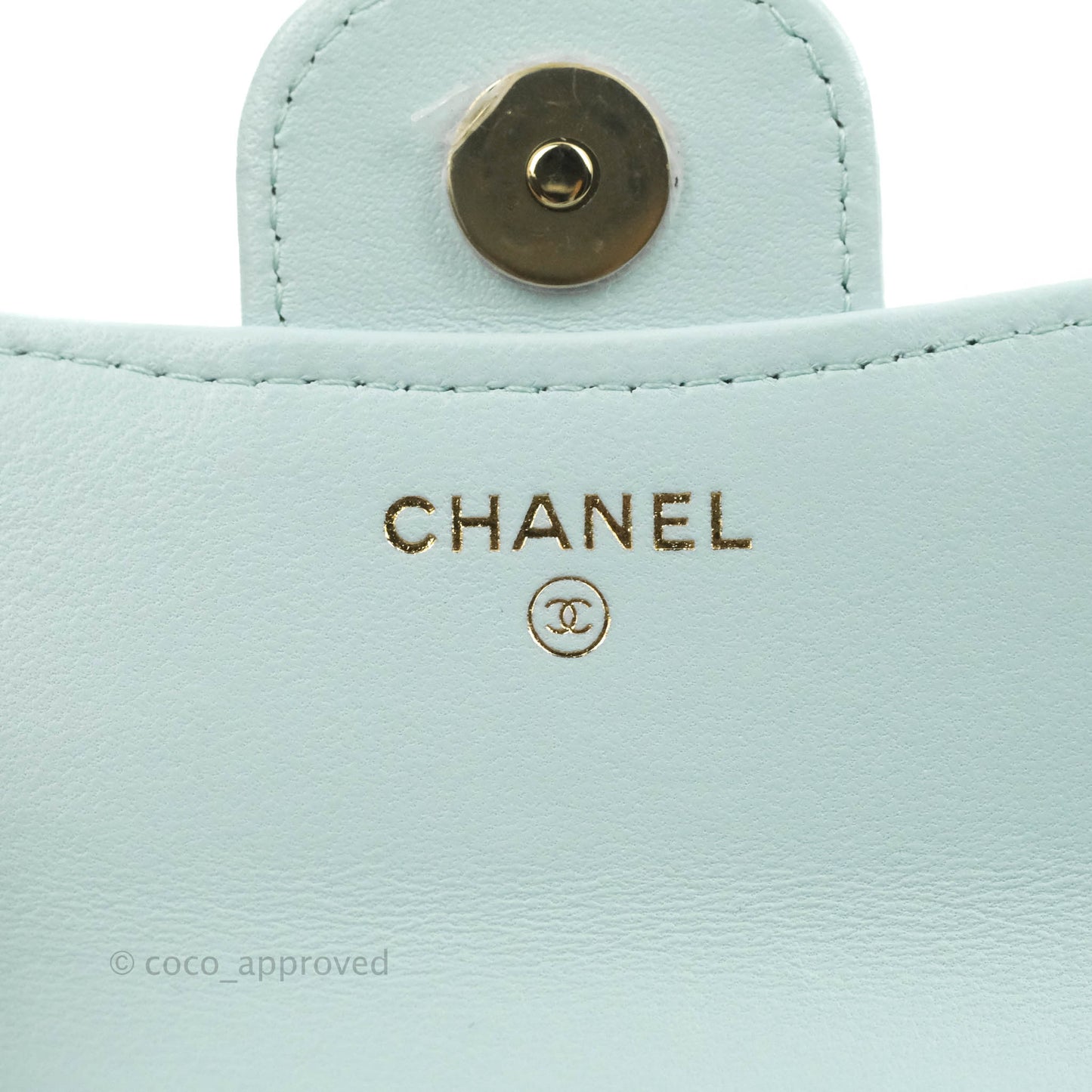 Chanel Mini Handle Flap Coin Purse With Chain Light Blue Lambskin Gold Hardware