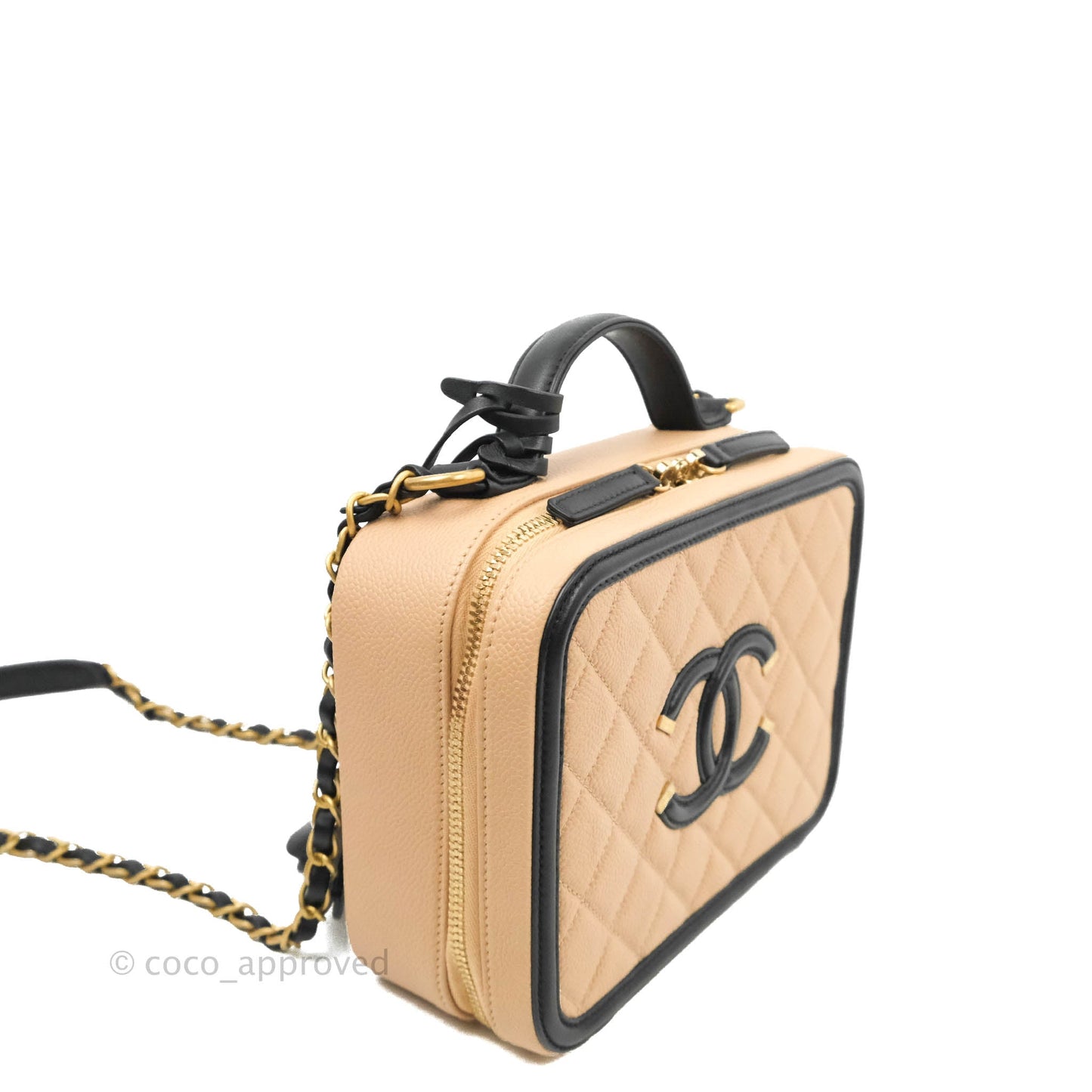 Chanel Quilted Medium CC Filigree Vanity Case Beige Caviar Aged Gold Hardware