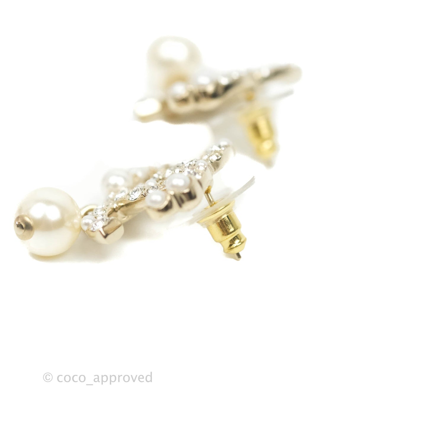 Chanel CC Rhinestone Pearl Drop Earrings Gold Tone 21V