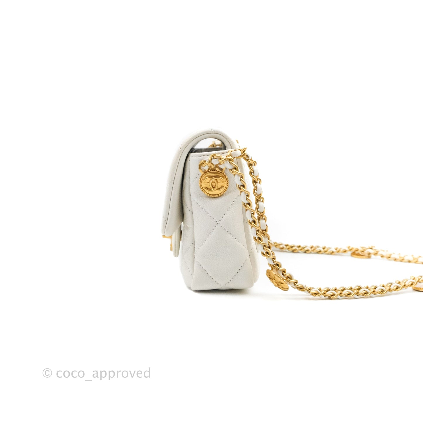 Chanel Mini Flap with Coin Charm White Caviar Aged Gold Hardware 22A