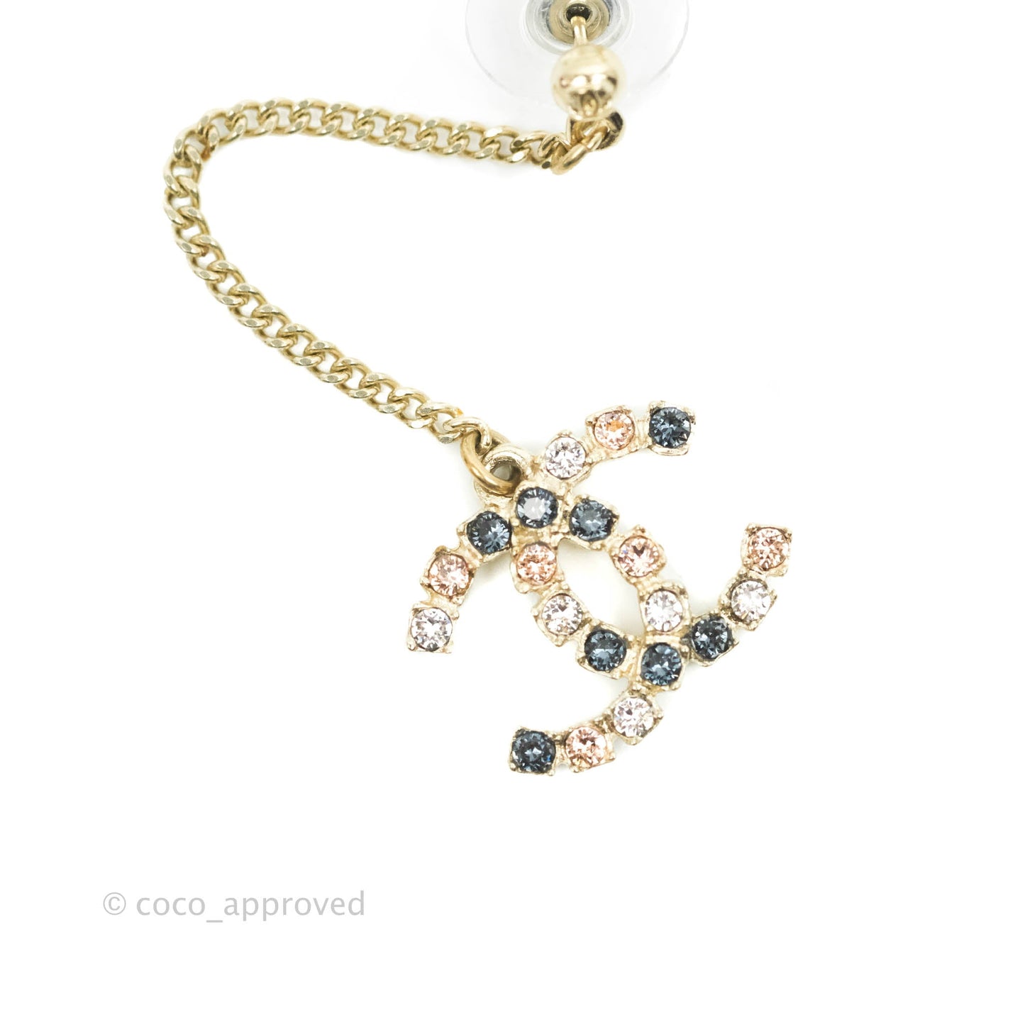 Chanel Crystal CC Long Drop Earrings Gold Tone 21V