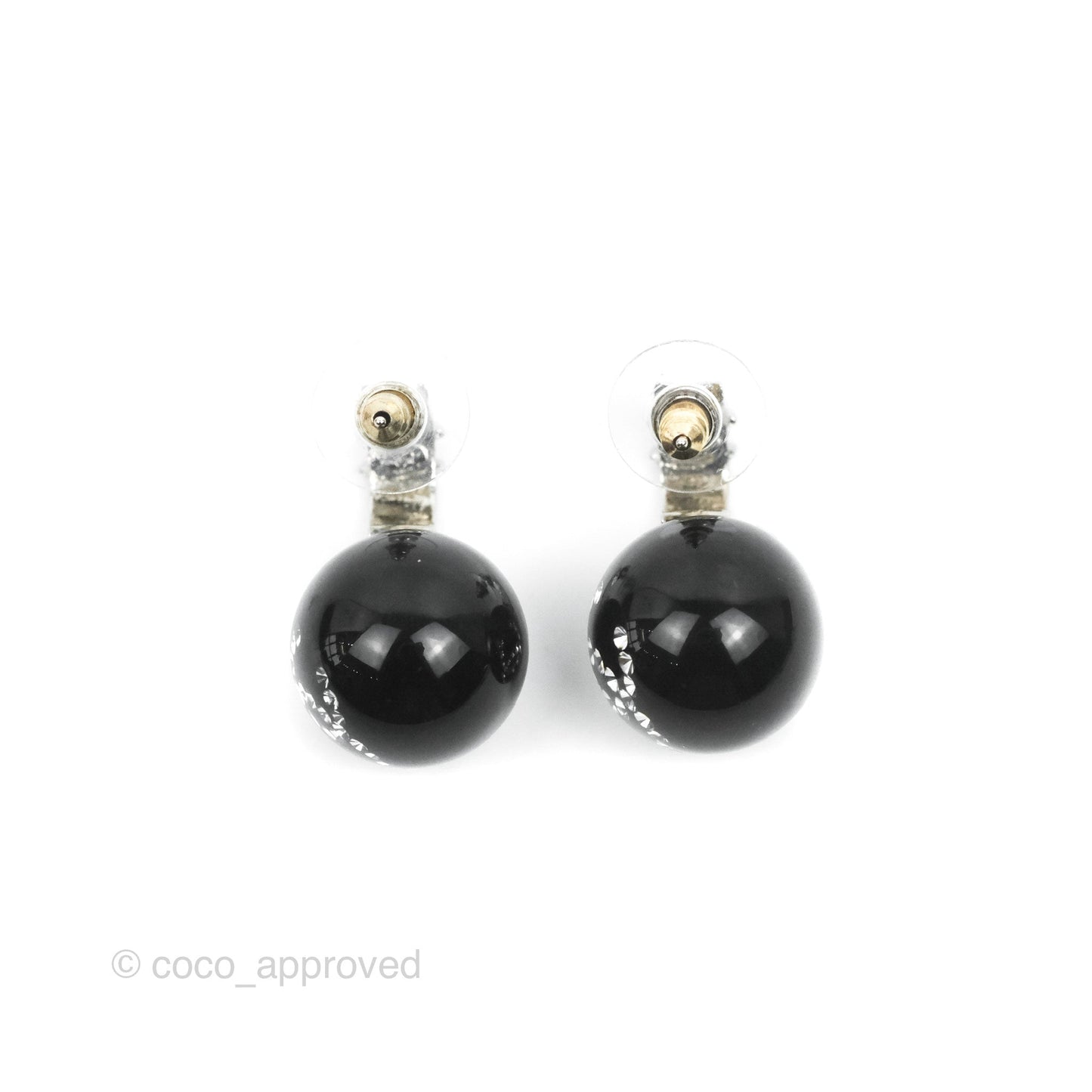 Chanel CC Drop Black Sphere Hoop Earrings Silver Tone 21K