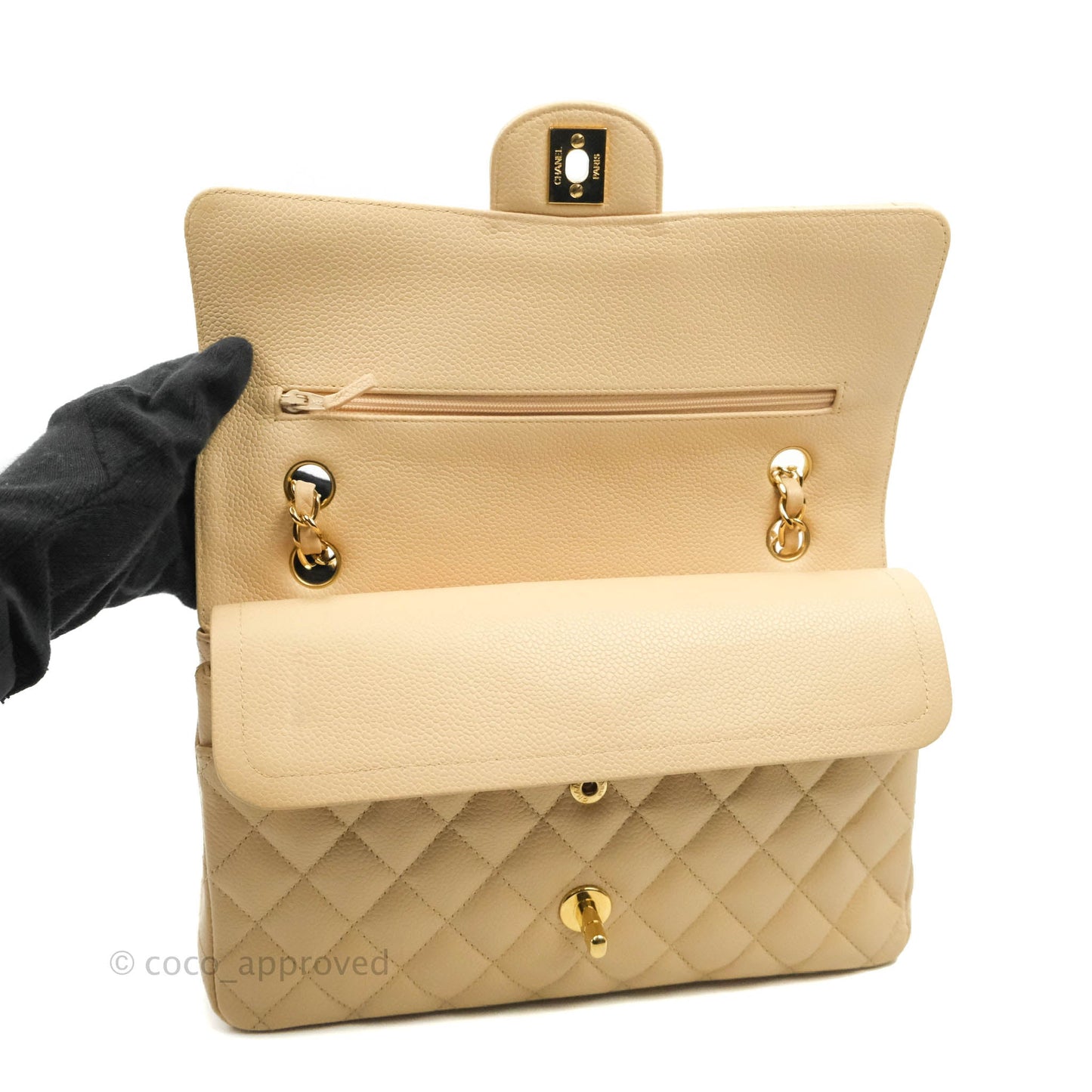Chanel Classic M/L Medium Flap Quilted Beige Caviar Gold Hardware
