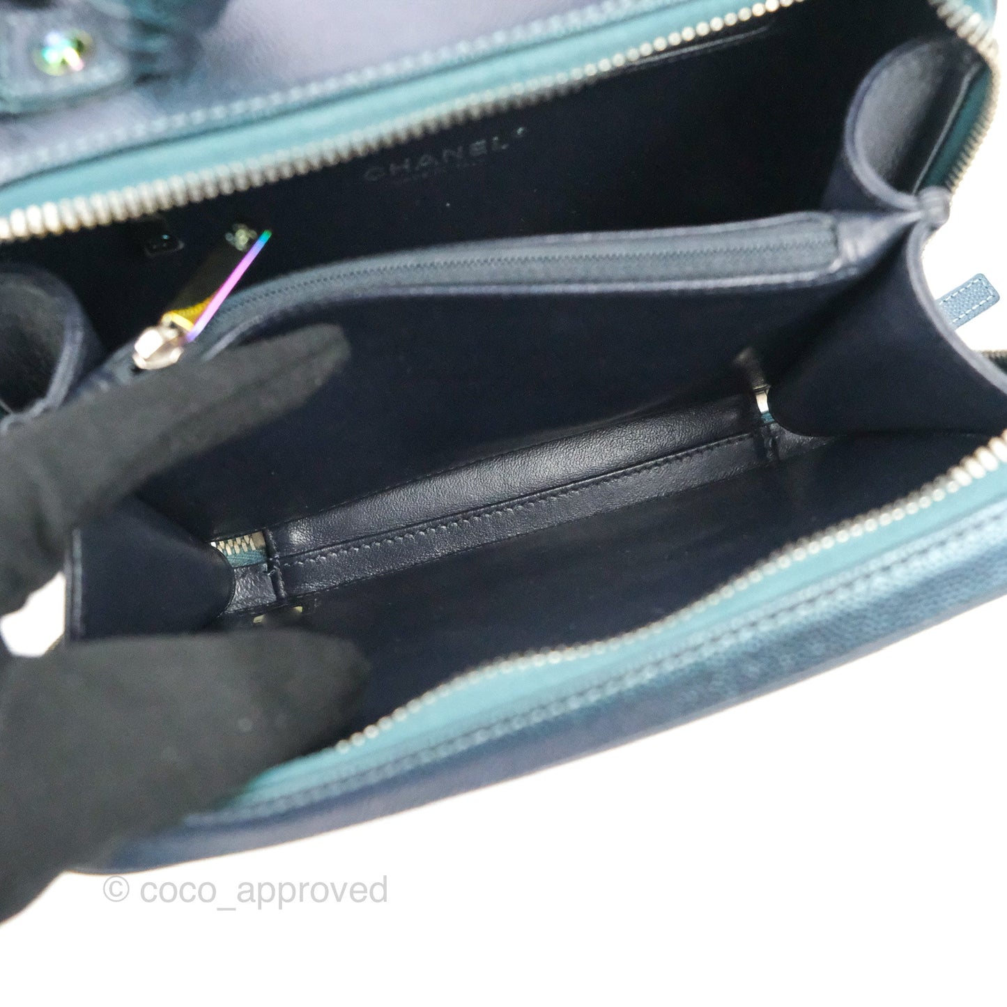 Chanel Quilted Medium CC Filigree Vanity Case Iridescent Dark Turquoise Caviar Rainbow Hardware