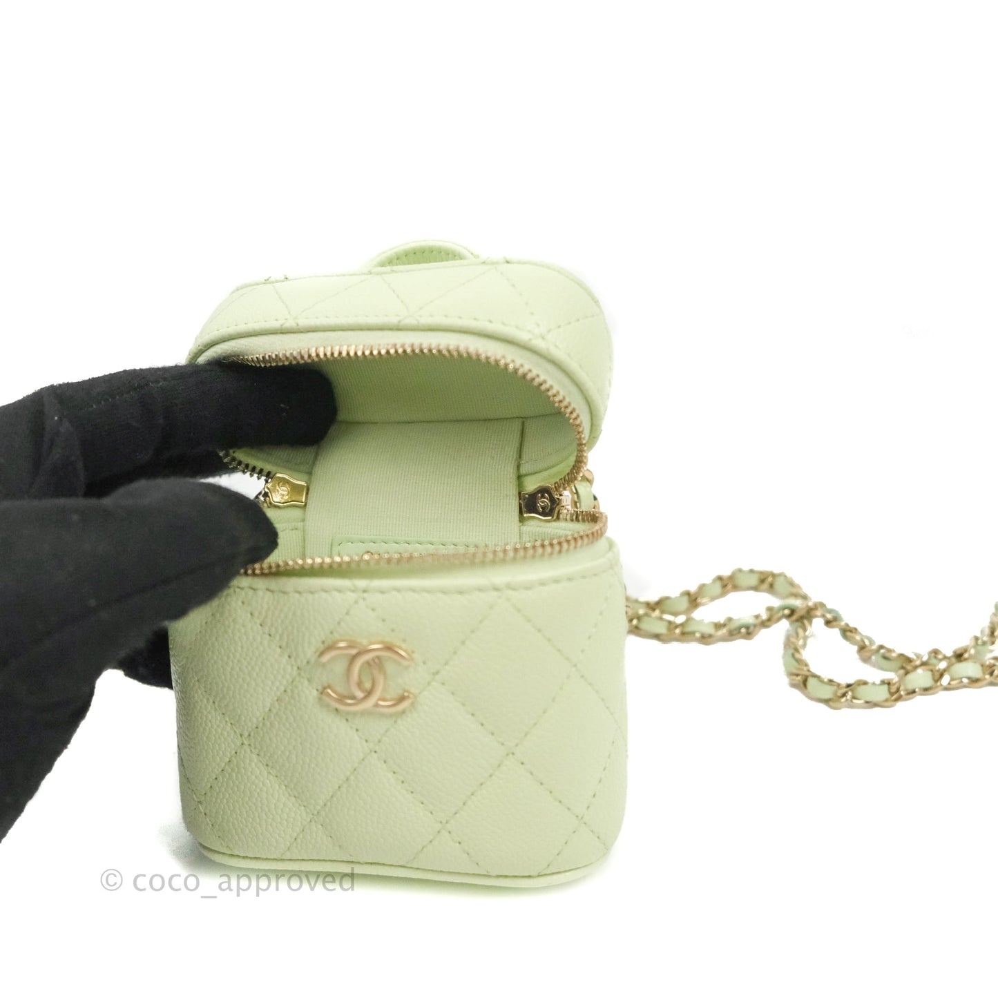 Chanel Quilted Small Handle With Care Vanity Case With Chain Green Caviar Gold Hardware