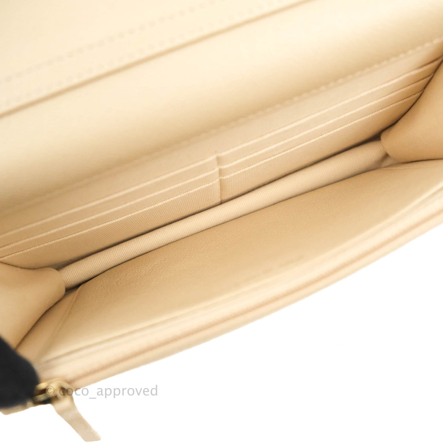 Chanel Quilted Wallet on CC Chain WOC Beige Caviar Gold Hardware