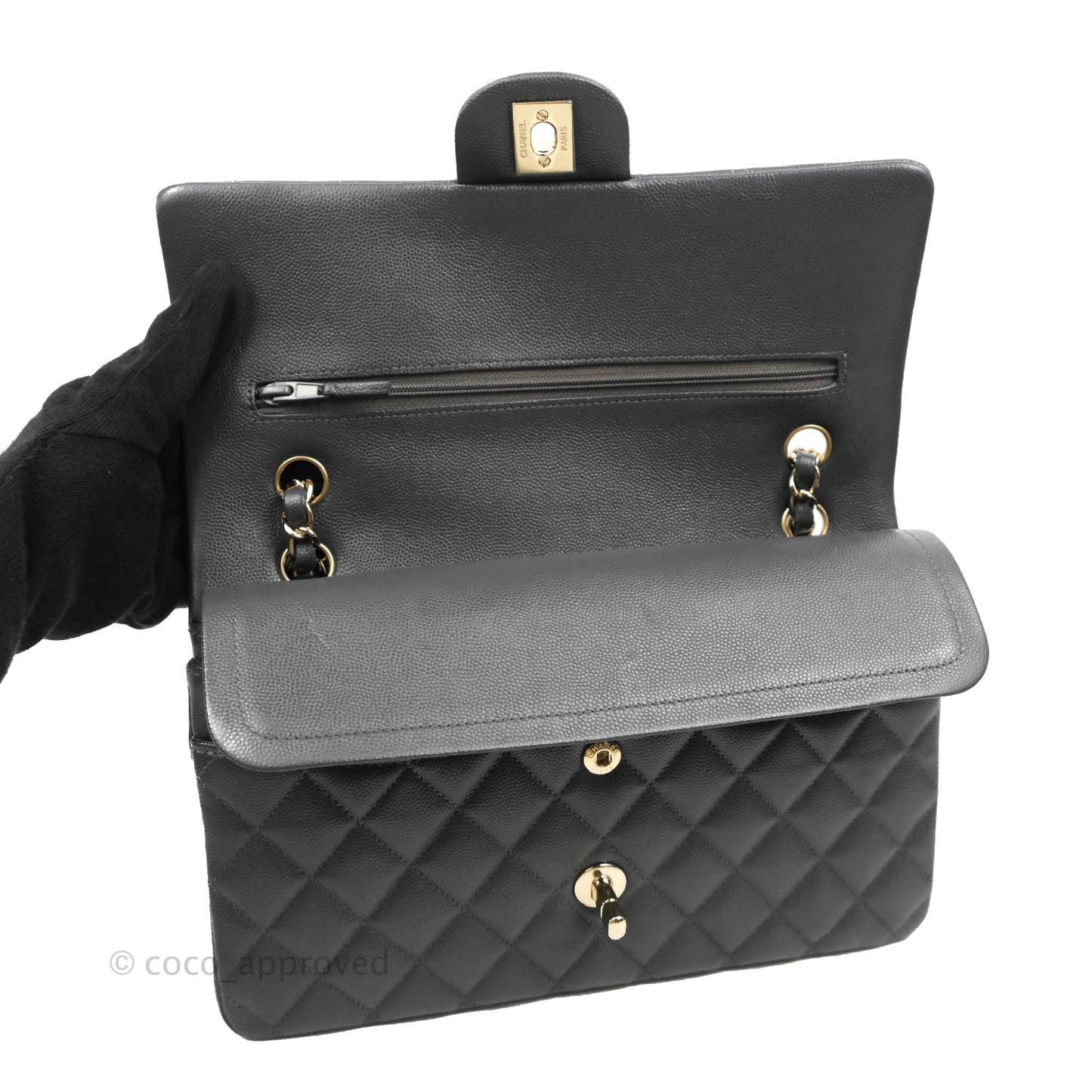 Chanel Classic M/L Medium Flap Quilted Dark Grey Caviar Gold Hardware 21B
