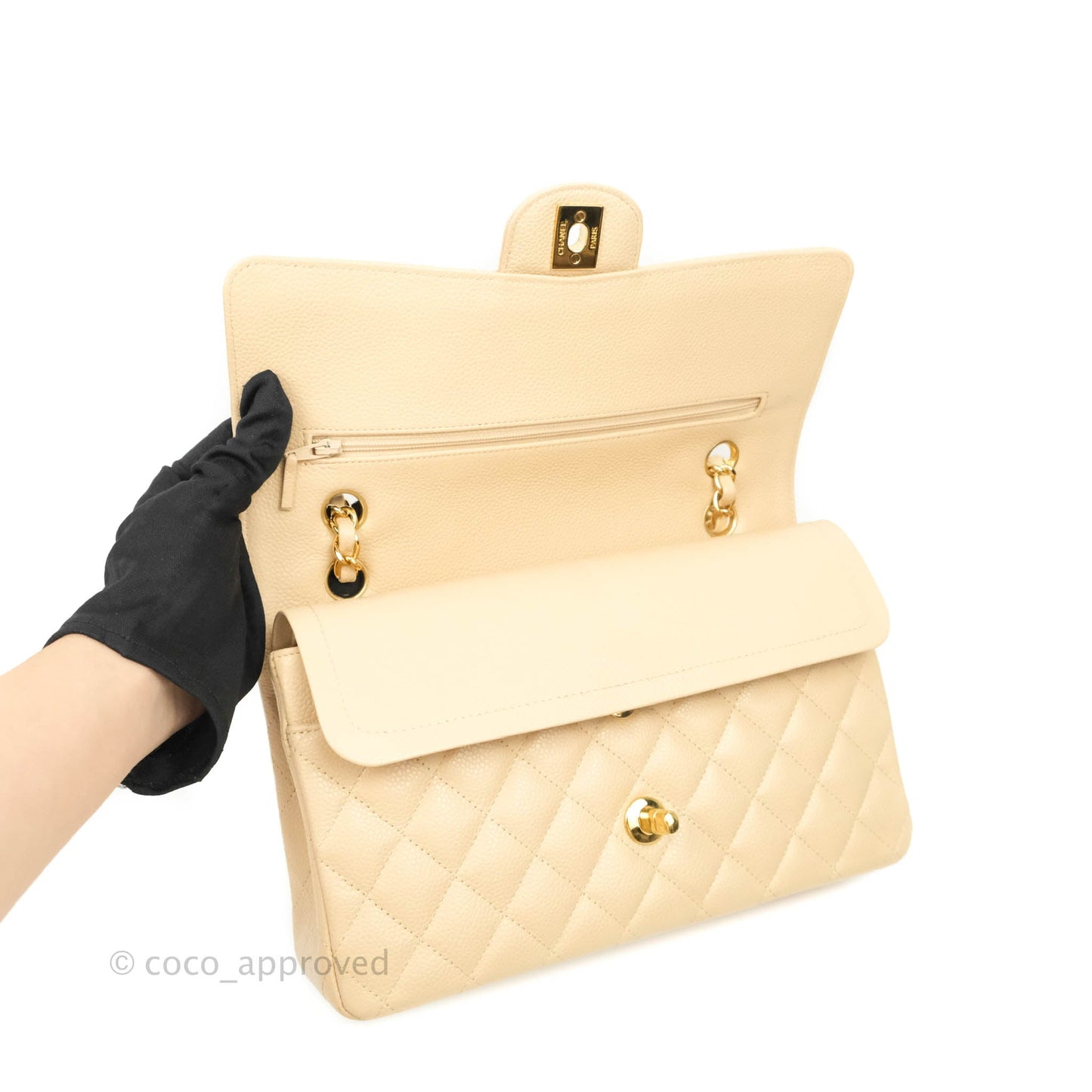 Chanel Classic M/L Medium Double Flap Beige Caviar Gold Hardware