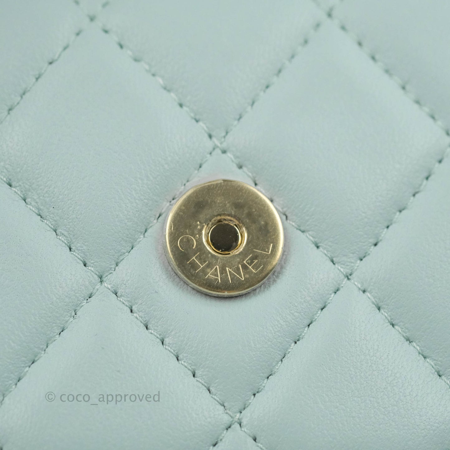 Chanel Mini Handle Flap Coin Purse With Chain Light Blue Lambskin Gold Hardware