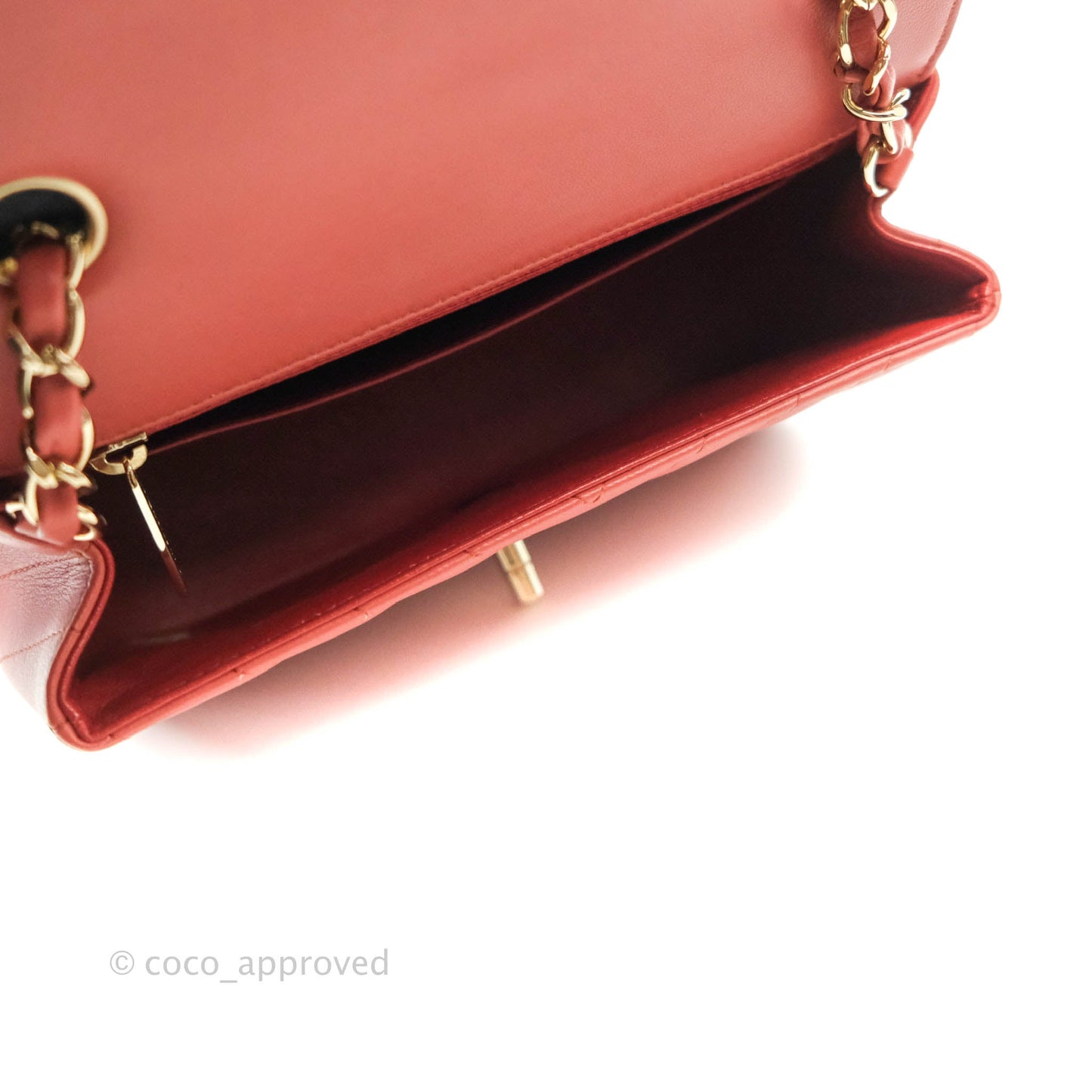 Chanel Chevron Mini Rectangular Flap Brick Red Lambskin Aged Gold Hardware