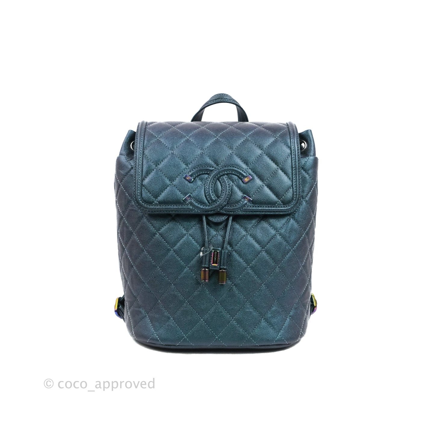 Chanel Quilted CC Filigree Backpack Caviar Iridescent Dark Turquoise Rainbow Hardware