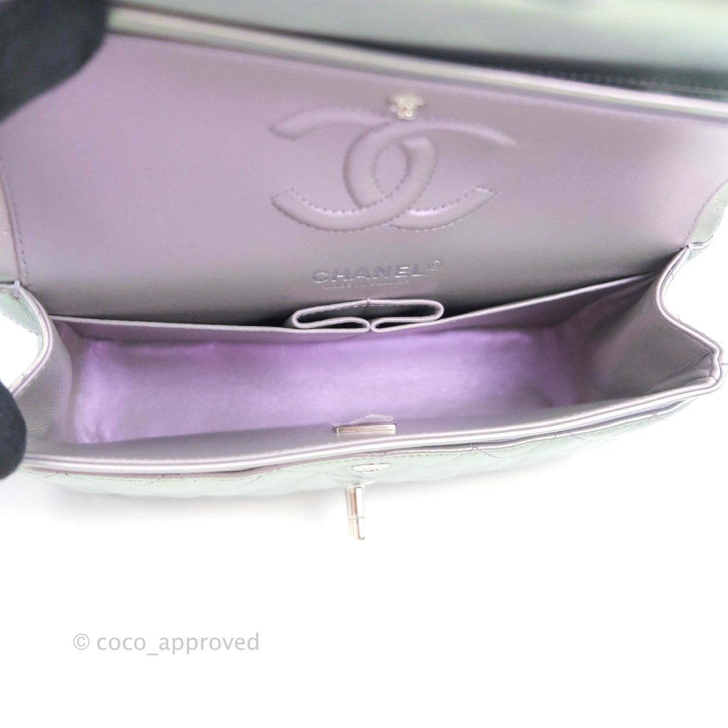Chanel Small Classic Quilted Flap Metallic Iridescent White Lilac Silver Hardware