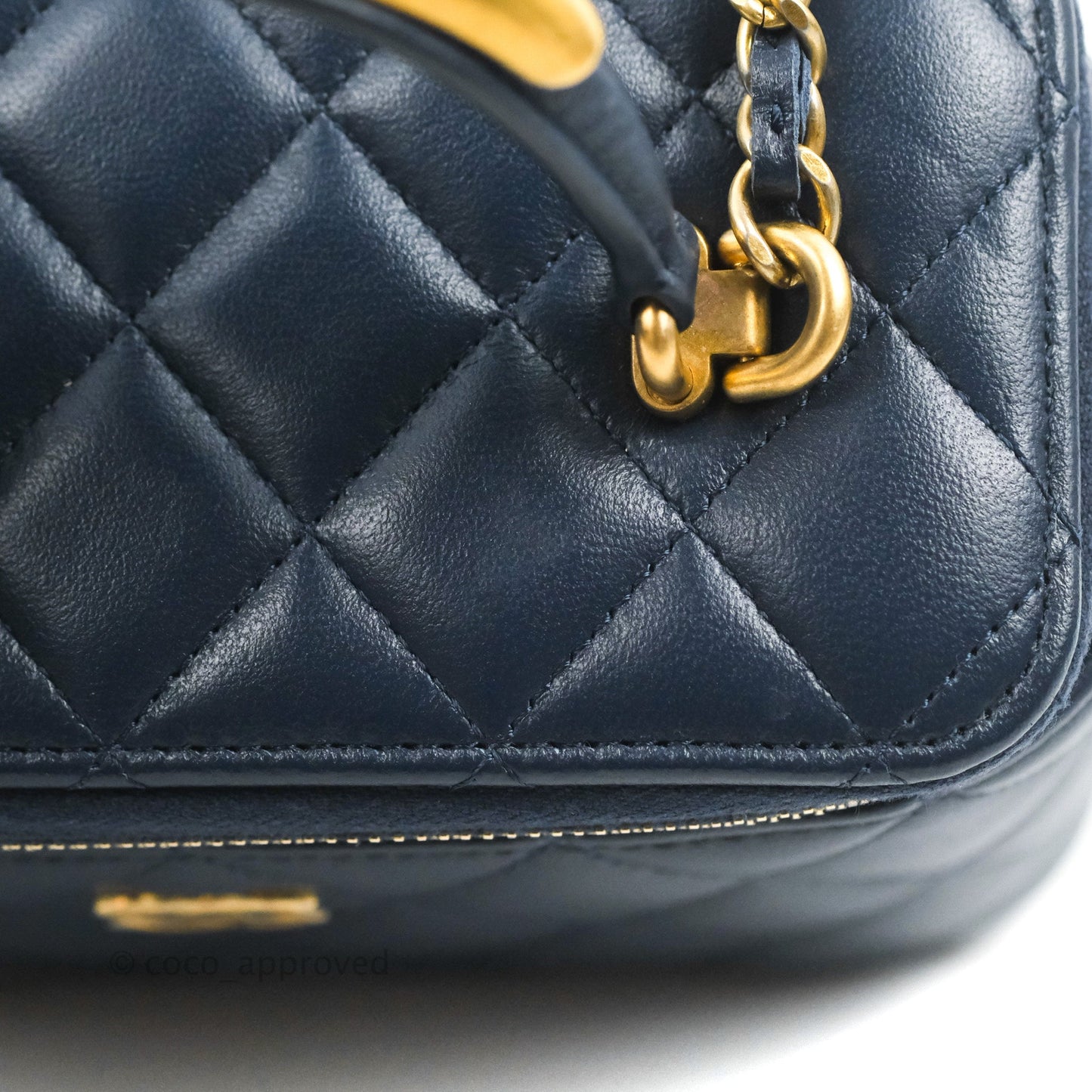 Chanel Vanity Rectangular Metal Top Handle Navy Lambskin Aged Gold Hardware 22B