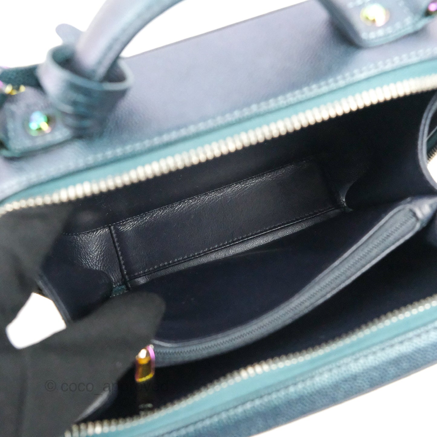 Chanel Quilted Medium CC Filigree Vanity Case Iridescent Dark Turquoise Caviar Rainbow Hardware
