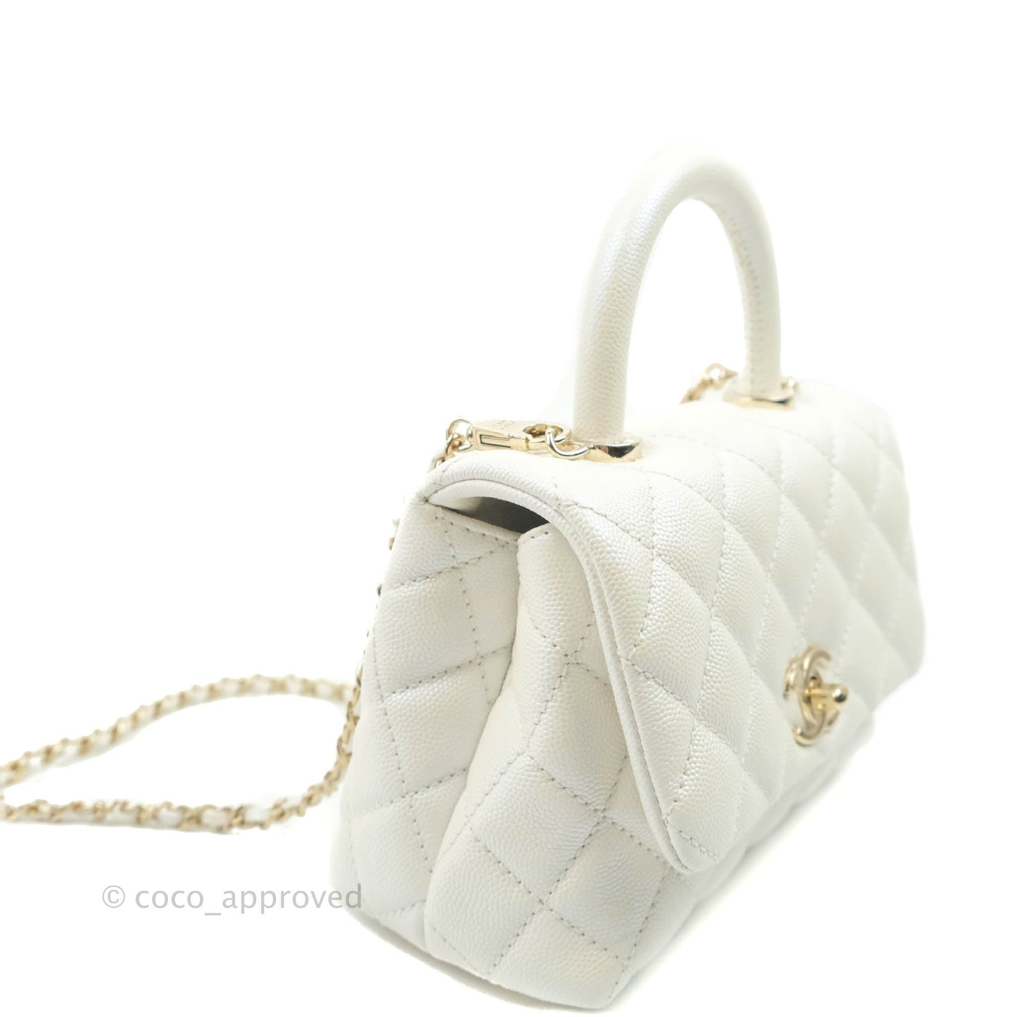 Chanel Mini Coco Handle Quilted Iridescent White Caviar Gold Hardware