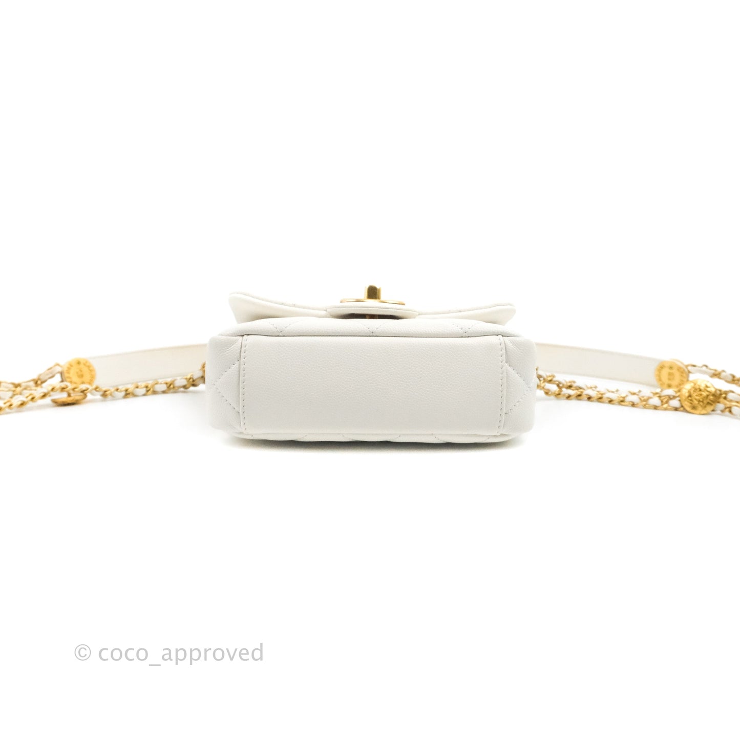 Chanel Mini Flap with Coin Charm White Caviar Aged Gold Hardware 22A