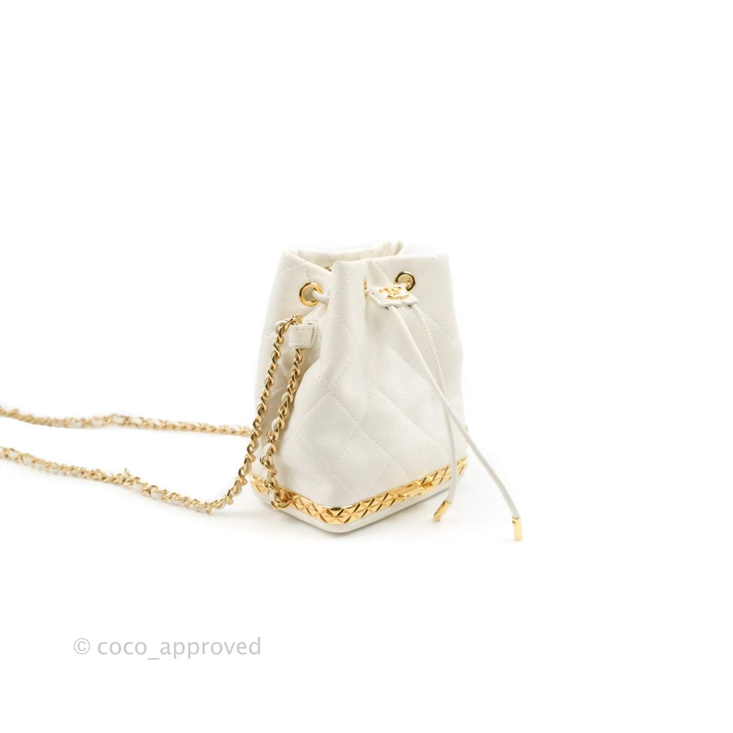 Chanel Quilted Small Drawstring Bucket Bag White Calfskin Gold Hardware