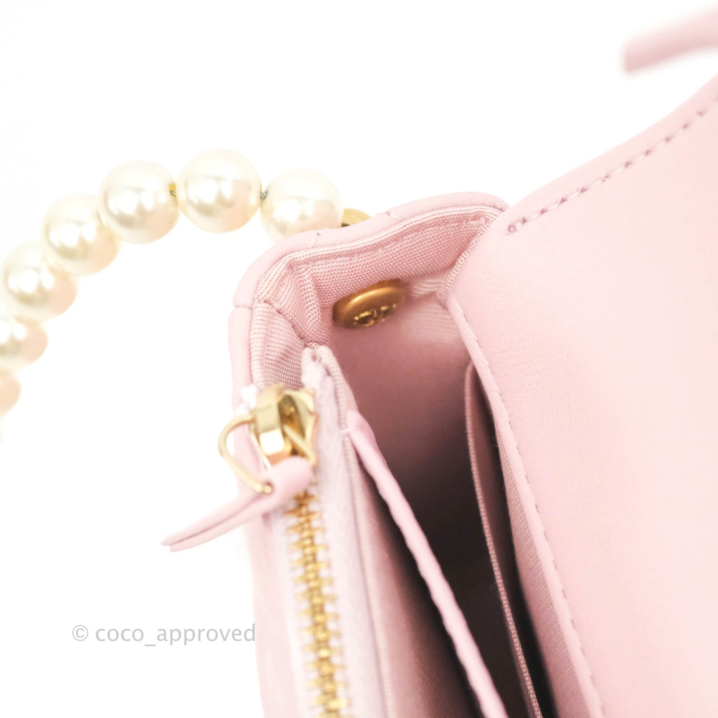 Chanel Quilted Wallet On Chain WOC With Pearl Chain Pink Aged Gold Hardware