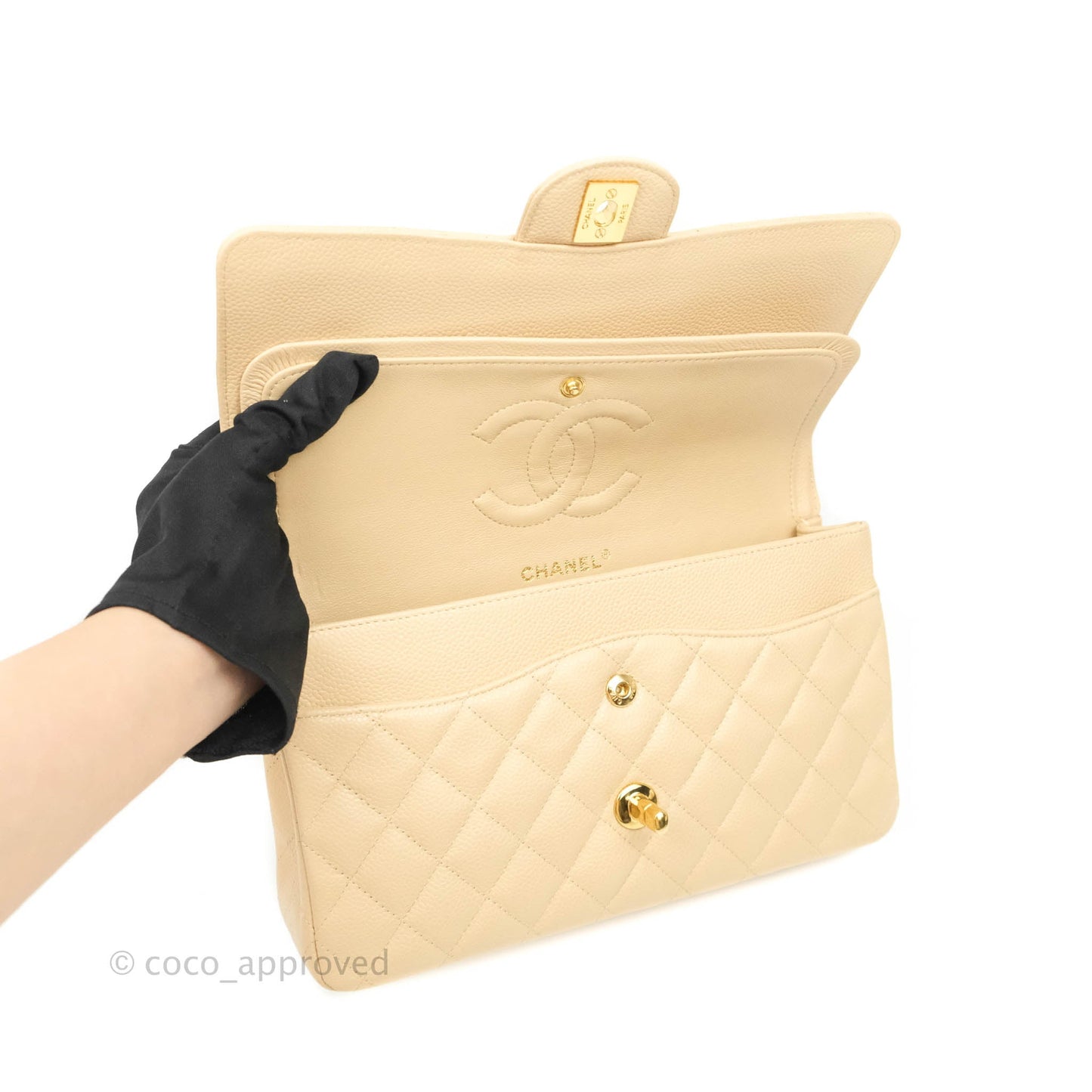 Chanel Classic M/L Medium Double Flap Beige Caviar Gold Hardware