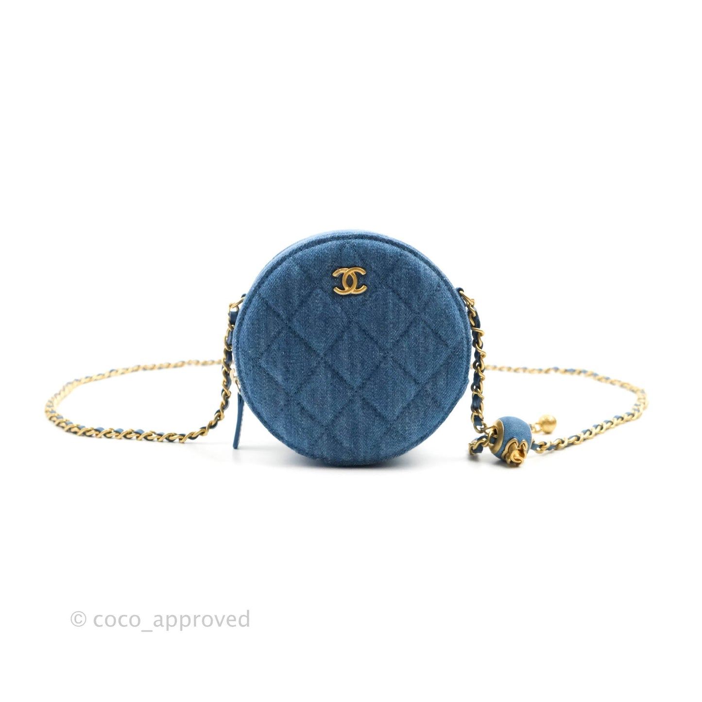Chanel Quilted Pearl Crush Round Clutch With Chain Denim Aged Gold Hardware