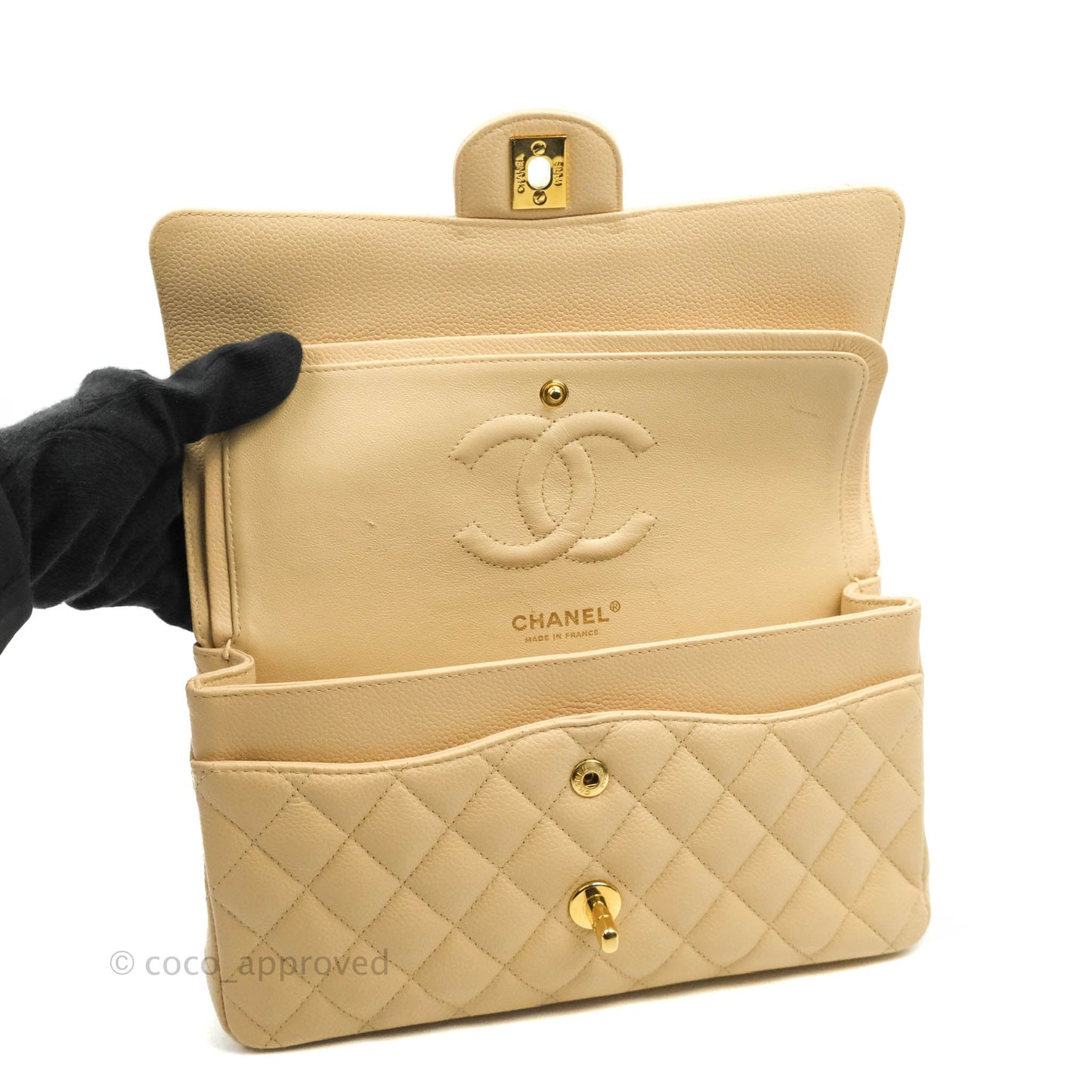 Chanel Classic M/L Medium Flap Quilted Beige Caviar Gold Hardware
