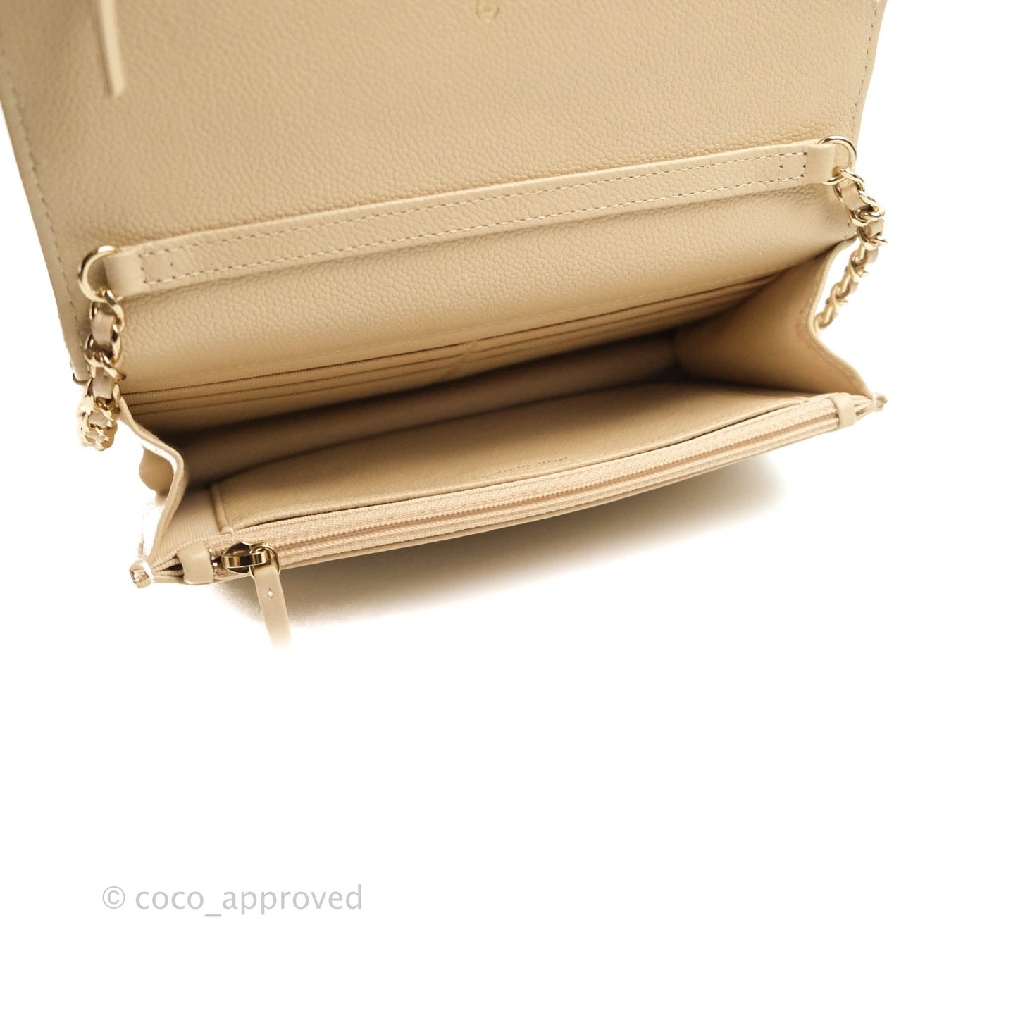 Chanel Quilted Wallet on CC Chain WOC Beige Caviar Gold Hardware