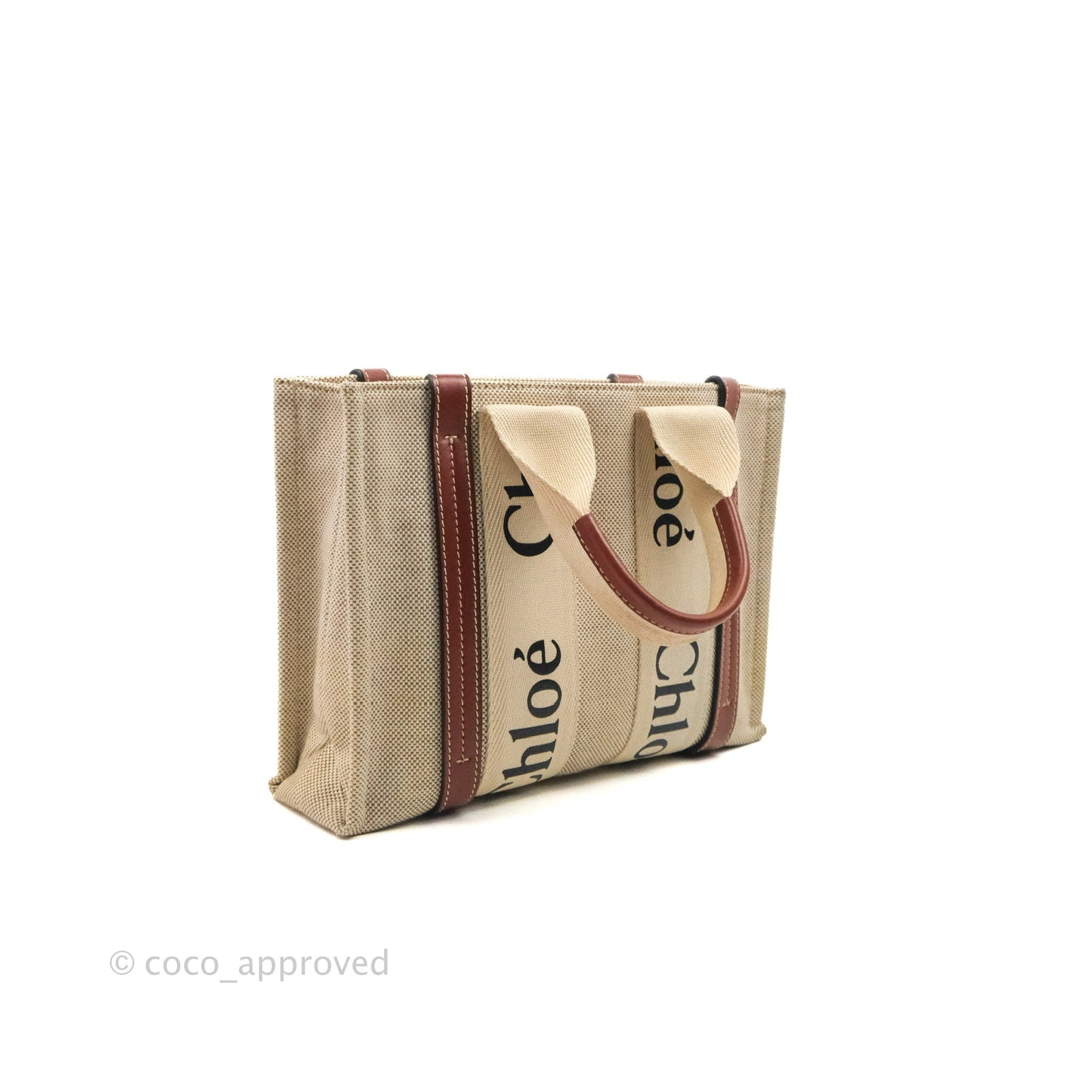 Chloe Small Woody Tote Bag Cotton Canvas & Brown Calfskin with Woody Ribbon