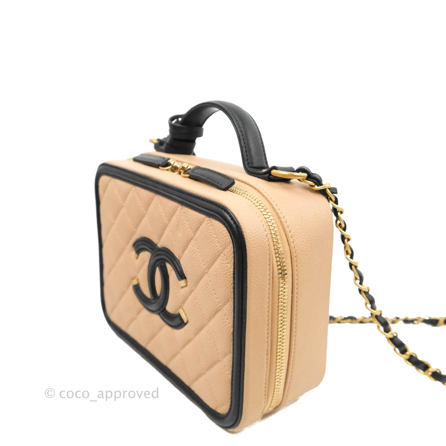 Chanel Quilted Medium CC Filigree Vanity Case Beige Caviar Aged Gold Hardware