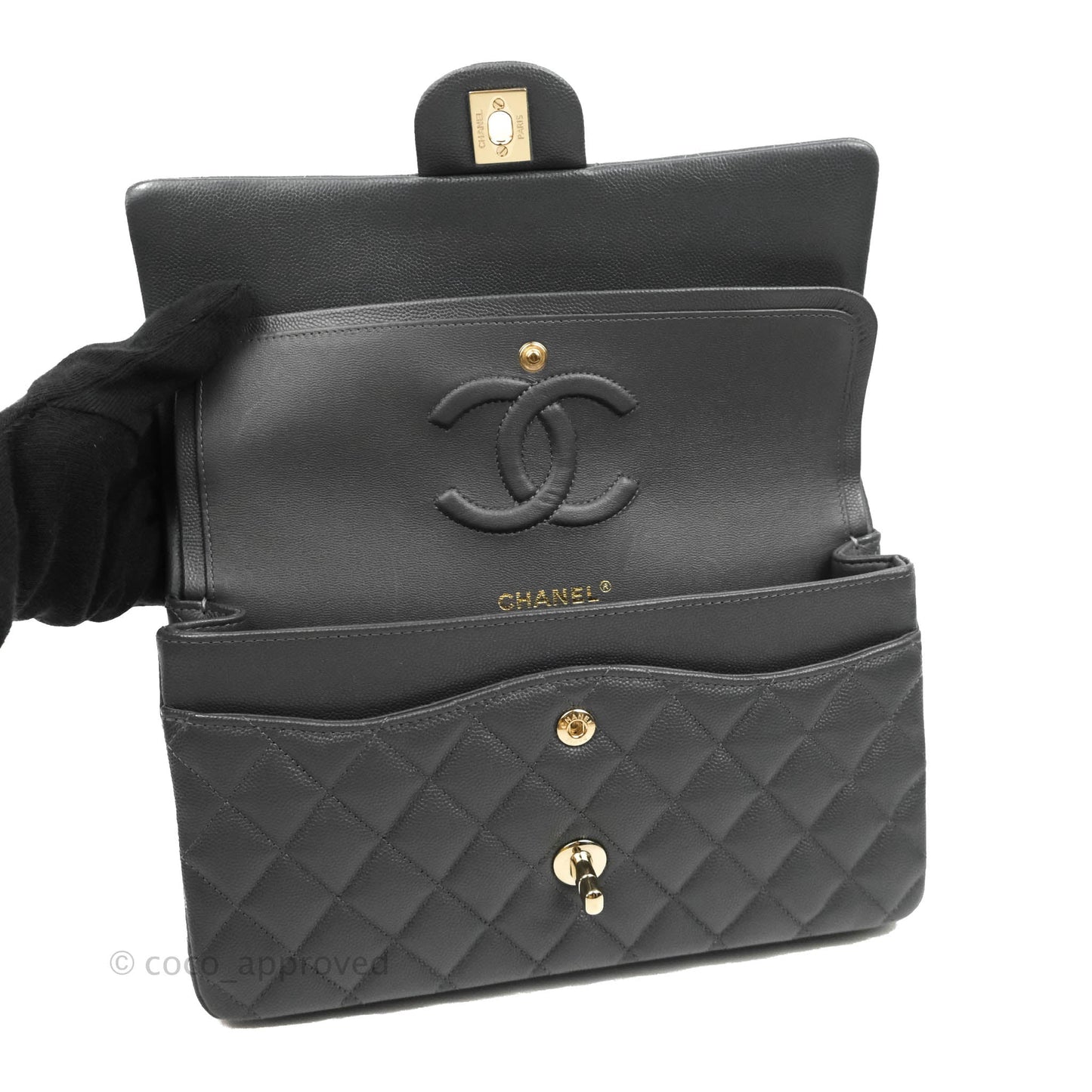 Chanel Classic M/L Medium Flap Quilted Dark Grey Caviar Gold Hardware 21B