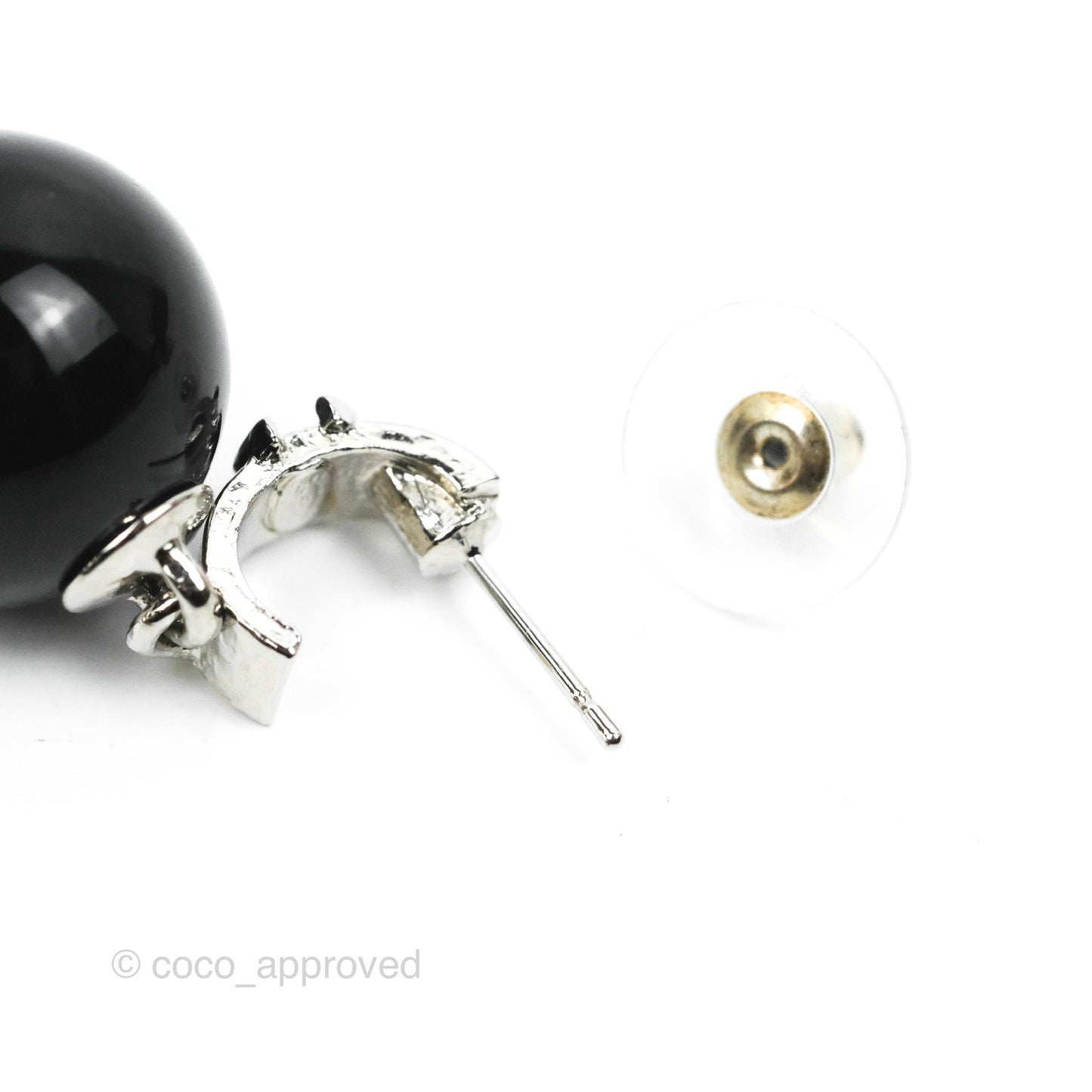 Chanel CC Drop Black Sphere Hoop Earrings Silver Tone 21K