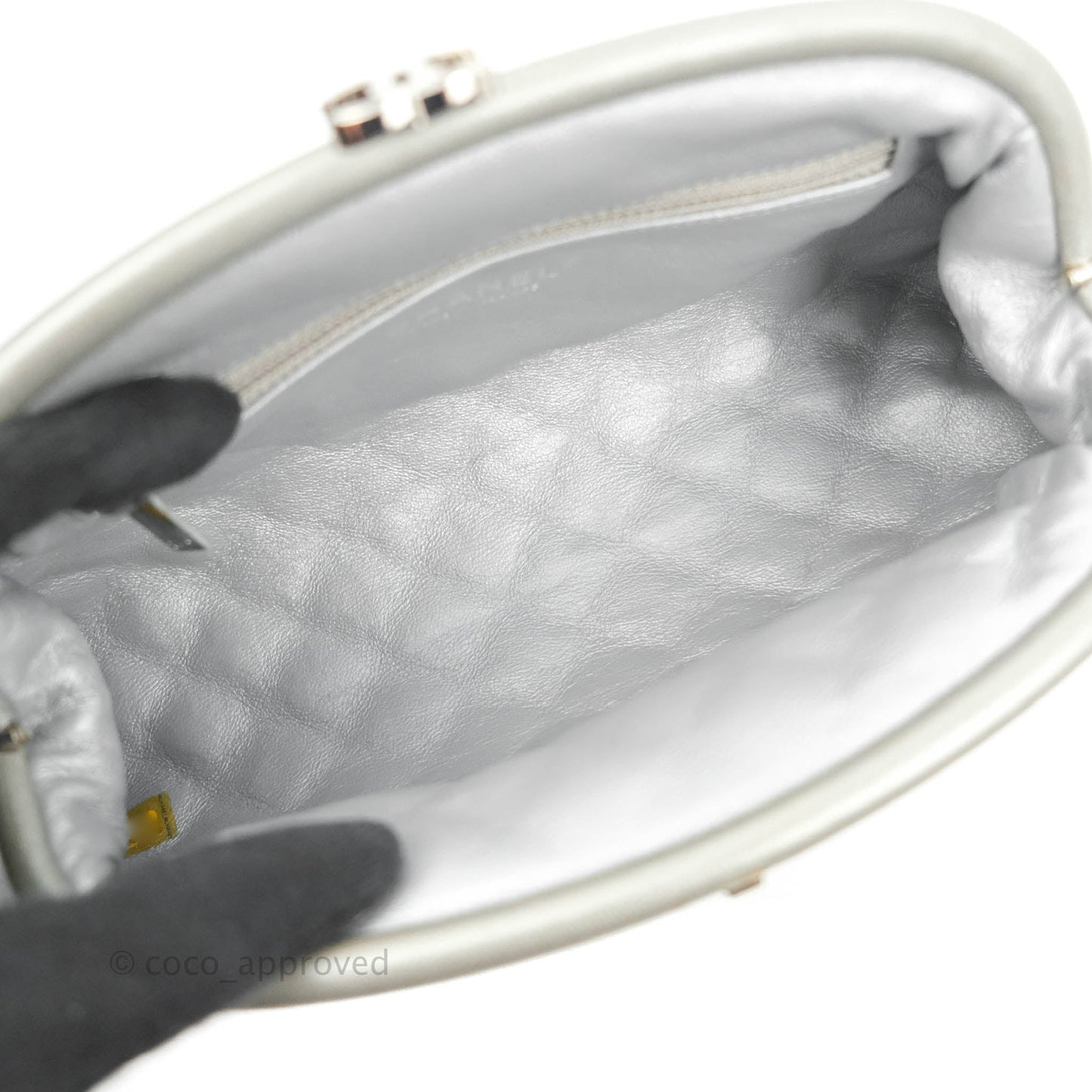 Chanel Quilted Timeless Kisslock Clutch Metallic Silver Lambskin Silver Hardware
