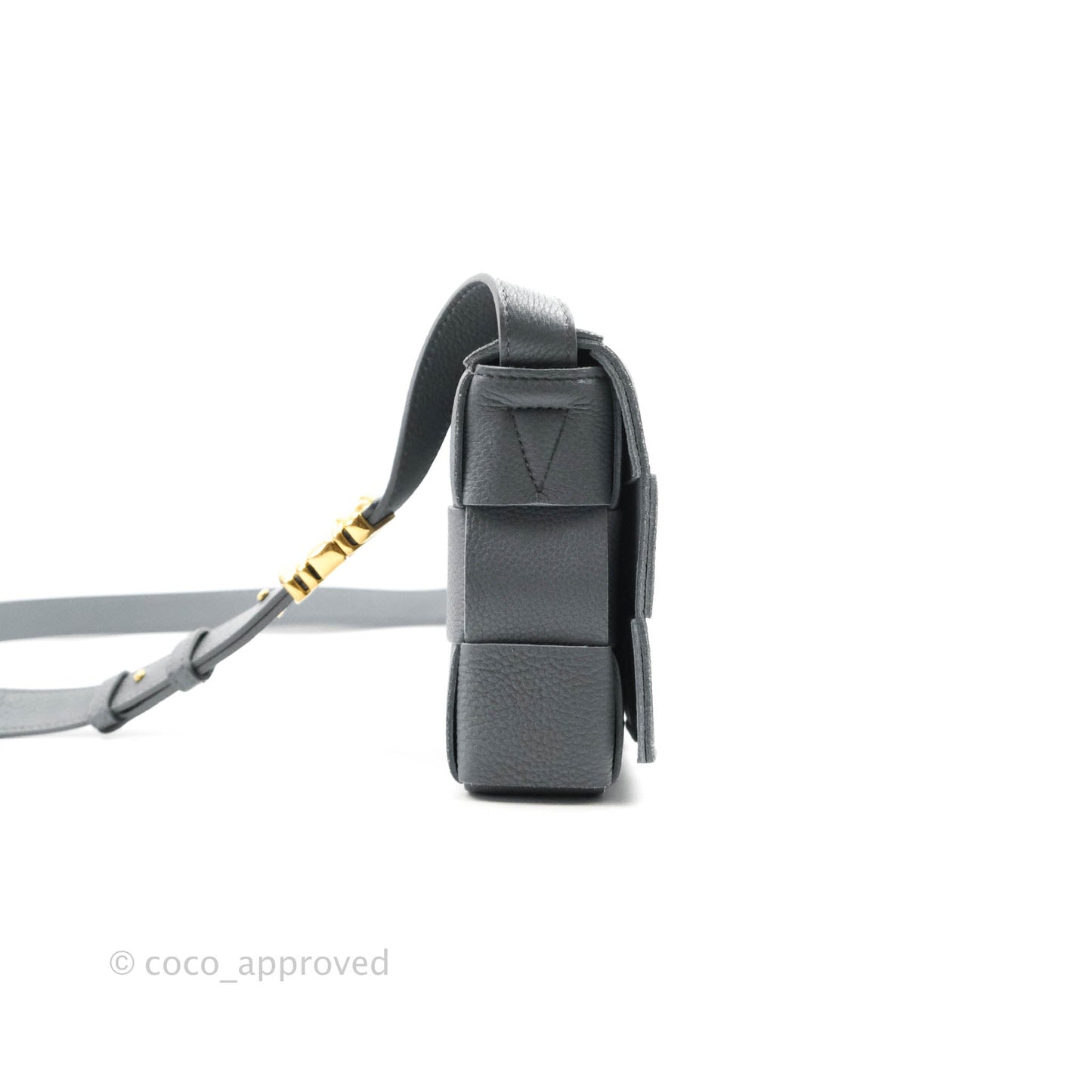 Bottega Veneta Cassette Shoulder Bag Intreccio Thunder Grey Grained Calfskin Gold Hardware