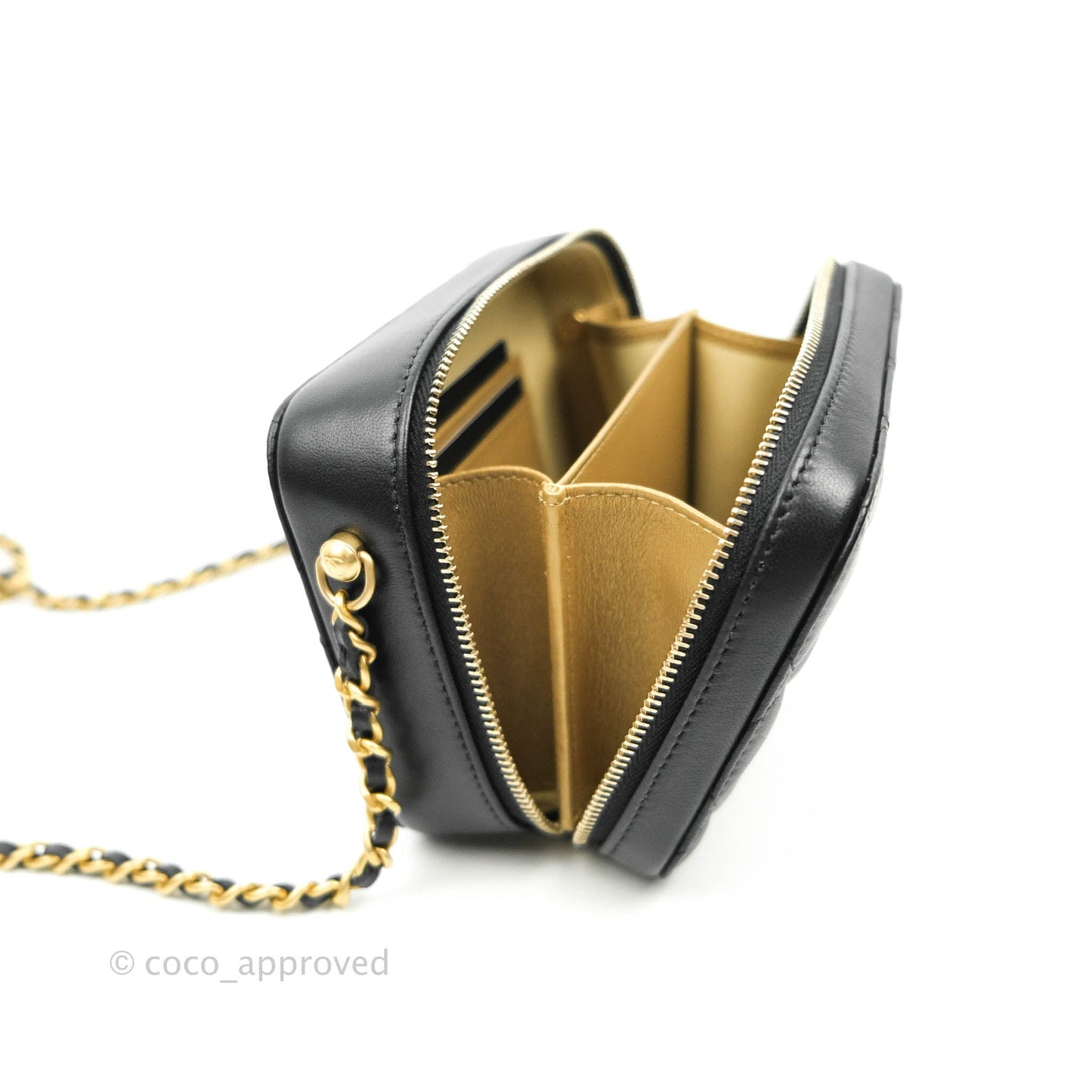 Chanel Mini Pearl Crush Quilted Camera Case Black Lambskin Aged Gold Hardware