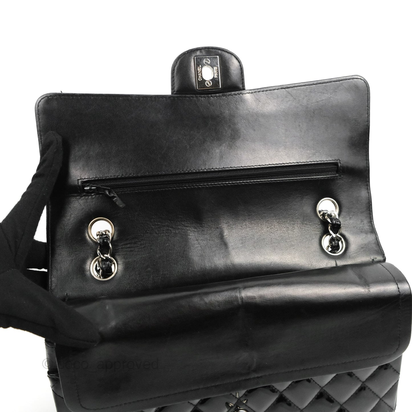 Chanel Classic M/L Medium Flap Quilted Black Patent Silver Hardware
