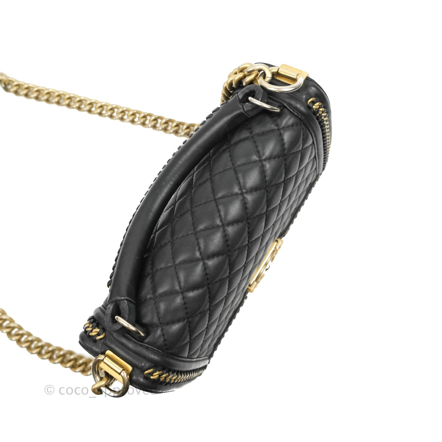 Chanel Quilted Medium Boy With Handle Black Calfskin Aged Gold Hardware