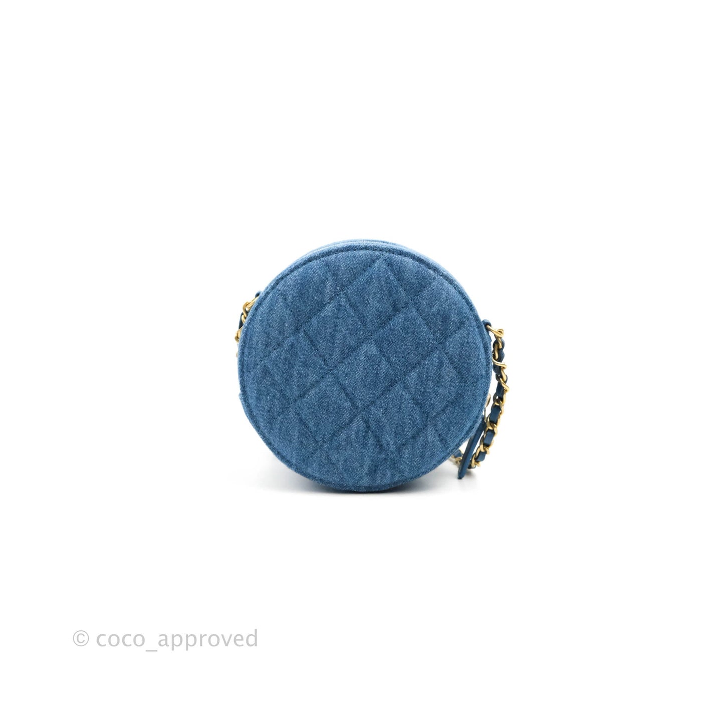 Chanel Quilted Pearl Crush Round Clutch With Chain Denim Aged Gold Hardware