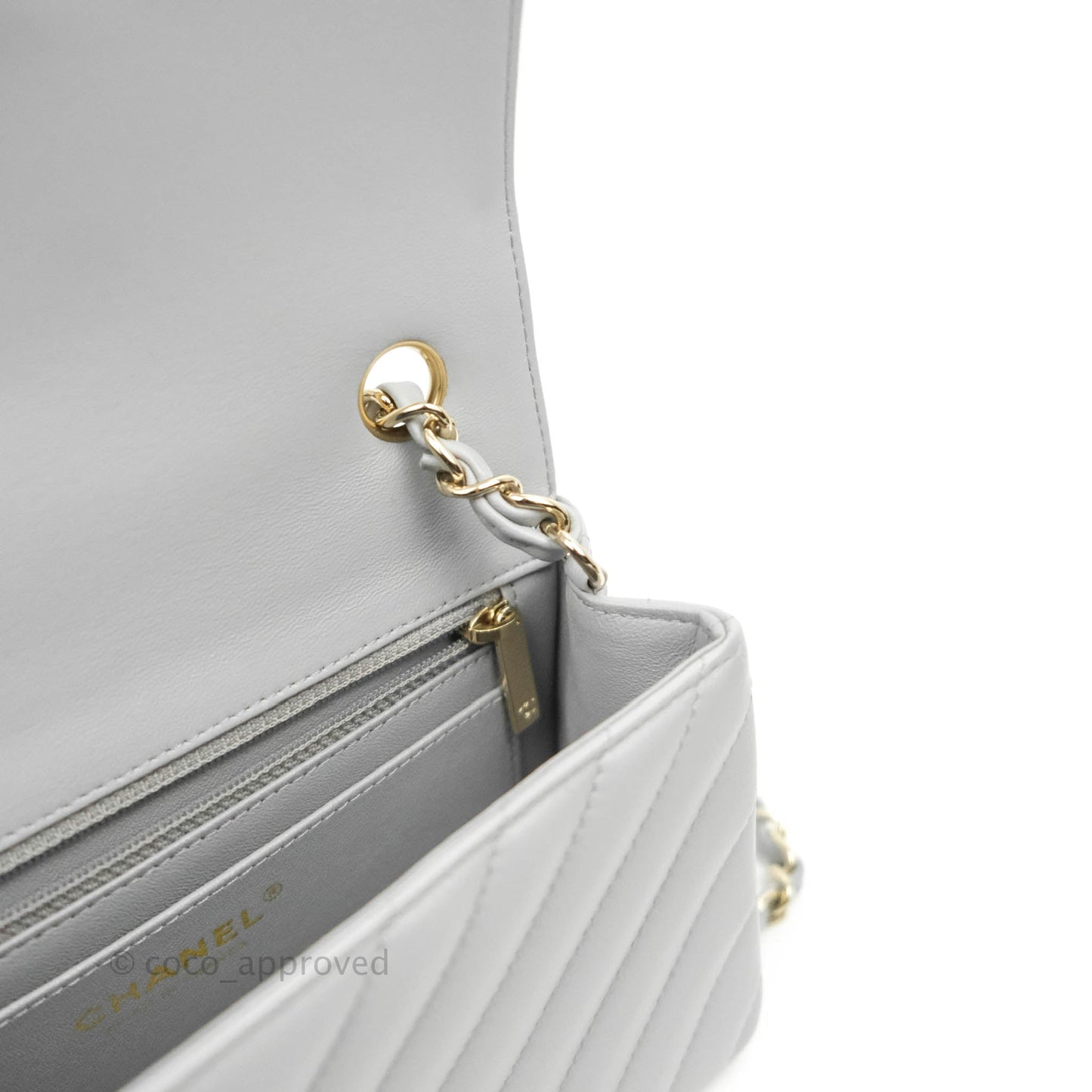 Chanel Chevron Mini Rectangular Flap Grey Lambskin Gold Hardware 20S
