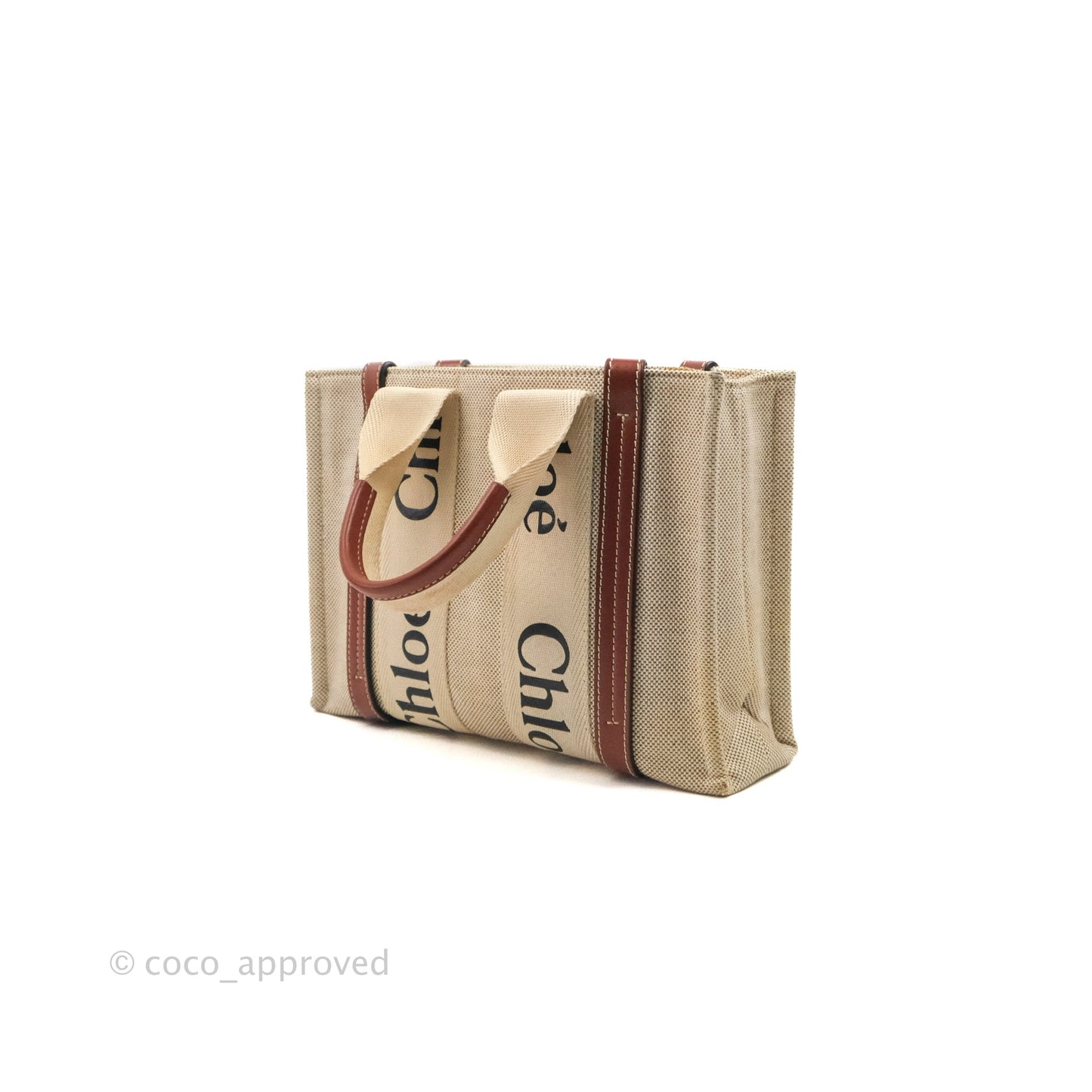 Chloe Small Woody Tote Bag Cotton Canvas & Brown Calfskin with Woody Ribbon