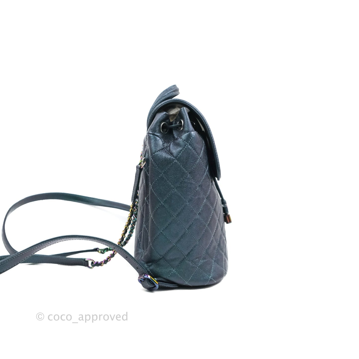 Chanel Quilted CC Filigree Backpack Caviar Iridescent Dark Turquoise Rainbow Hardware