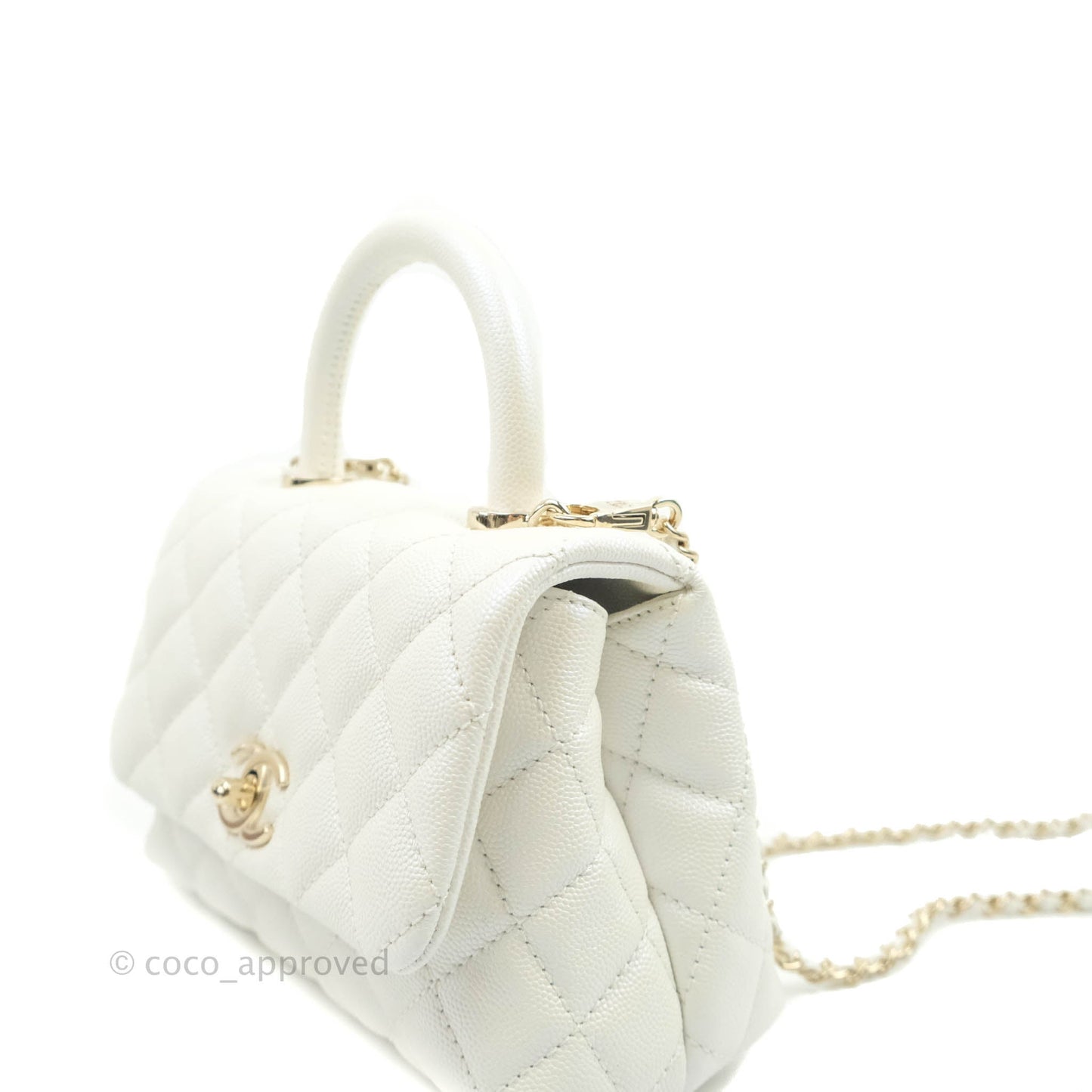 Chanel Mini Coco Handle Quilted Iridescent White Caviar Gold Hardware