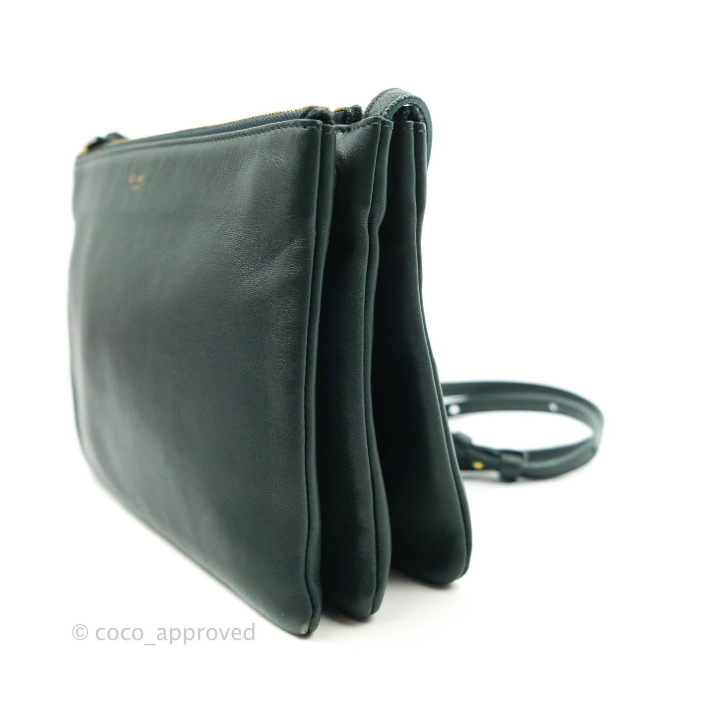 Celine Large Trio Crossbody Bag Dark Green Lambskin Gold Hardware