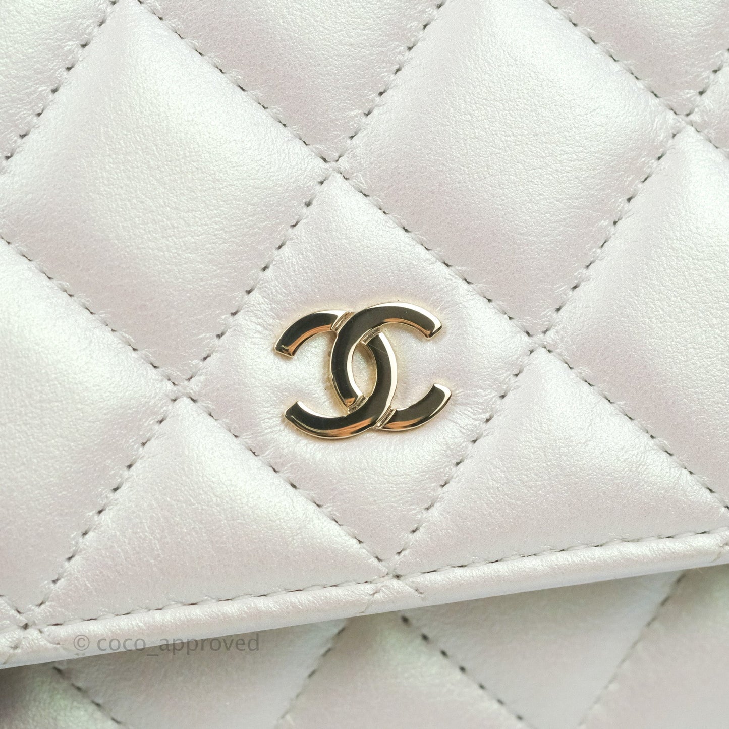 Chanel Quilted Classic Wallet on Chain WOC Iridescent White Lambskin Gold Hardware