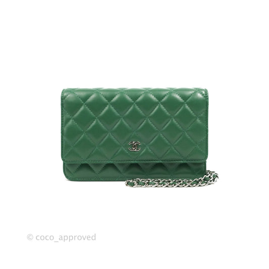 Chanel Quilted Classic Wallet on Chain WOC Green Lambskin Silver Hardware