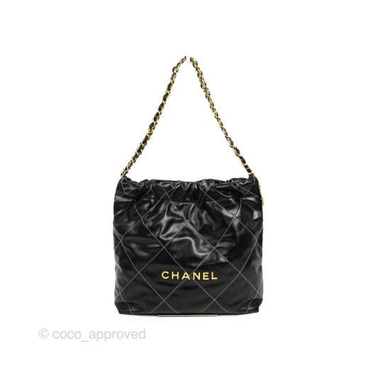 Chanel 22 Small Black Calfskin Contrast Stitch Aged Gold Hardware