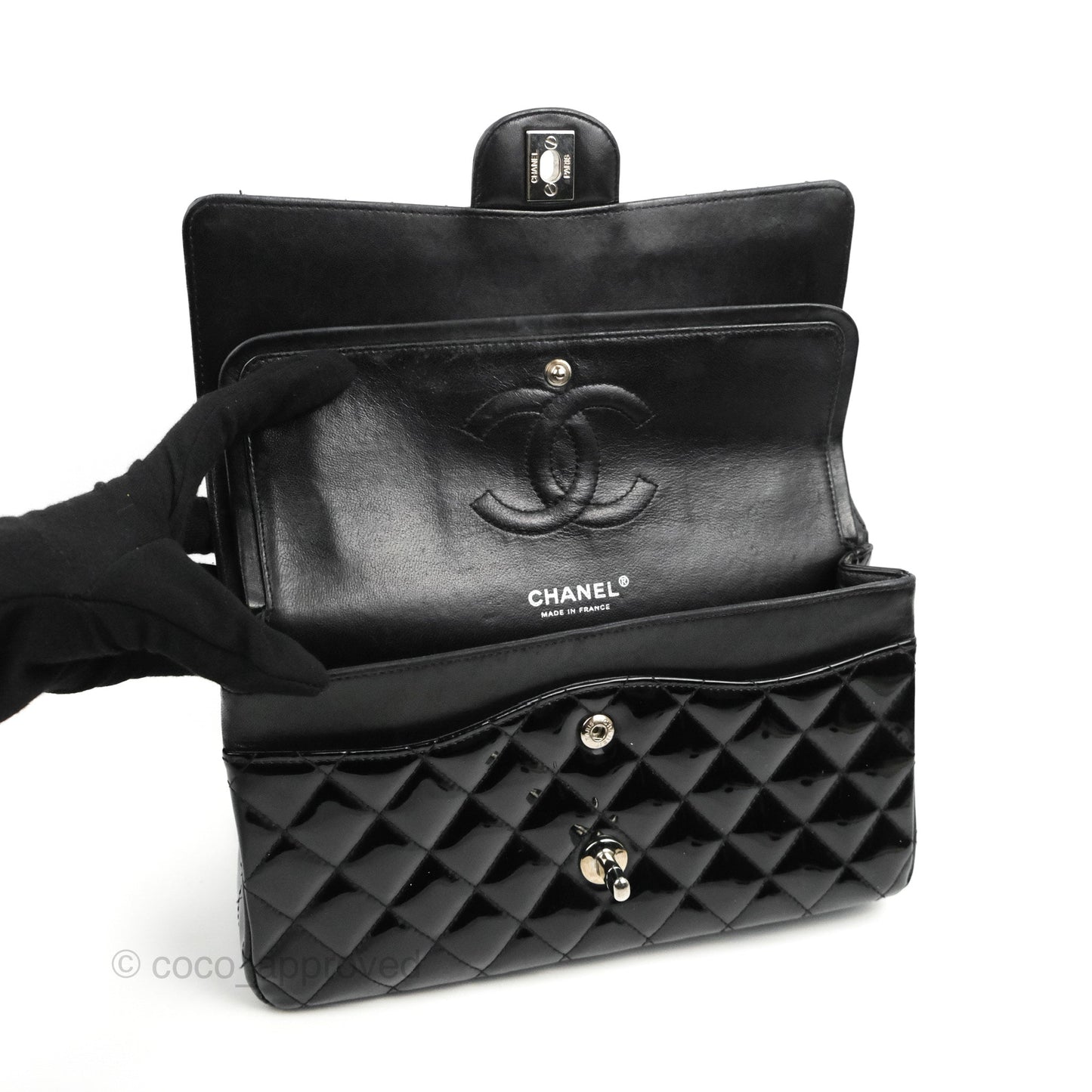 Chanel Classic M/L Medium Flap Quilted Black Patent Silver Hardware