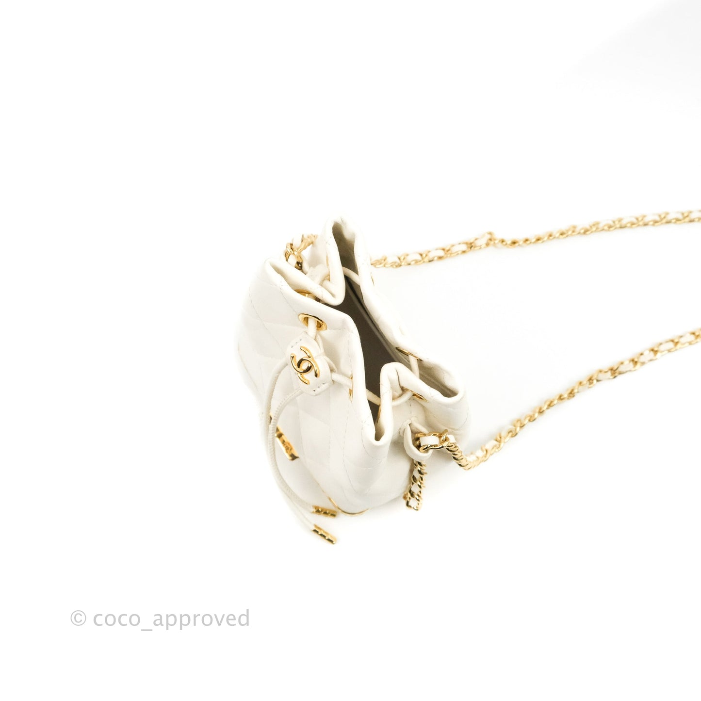 Chanel Quilted Small Drawstring Bucket Bag White Calfskin Gold Hardware