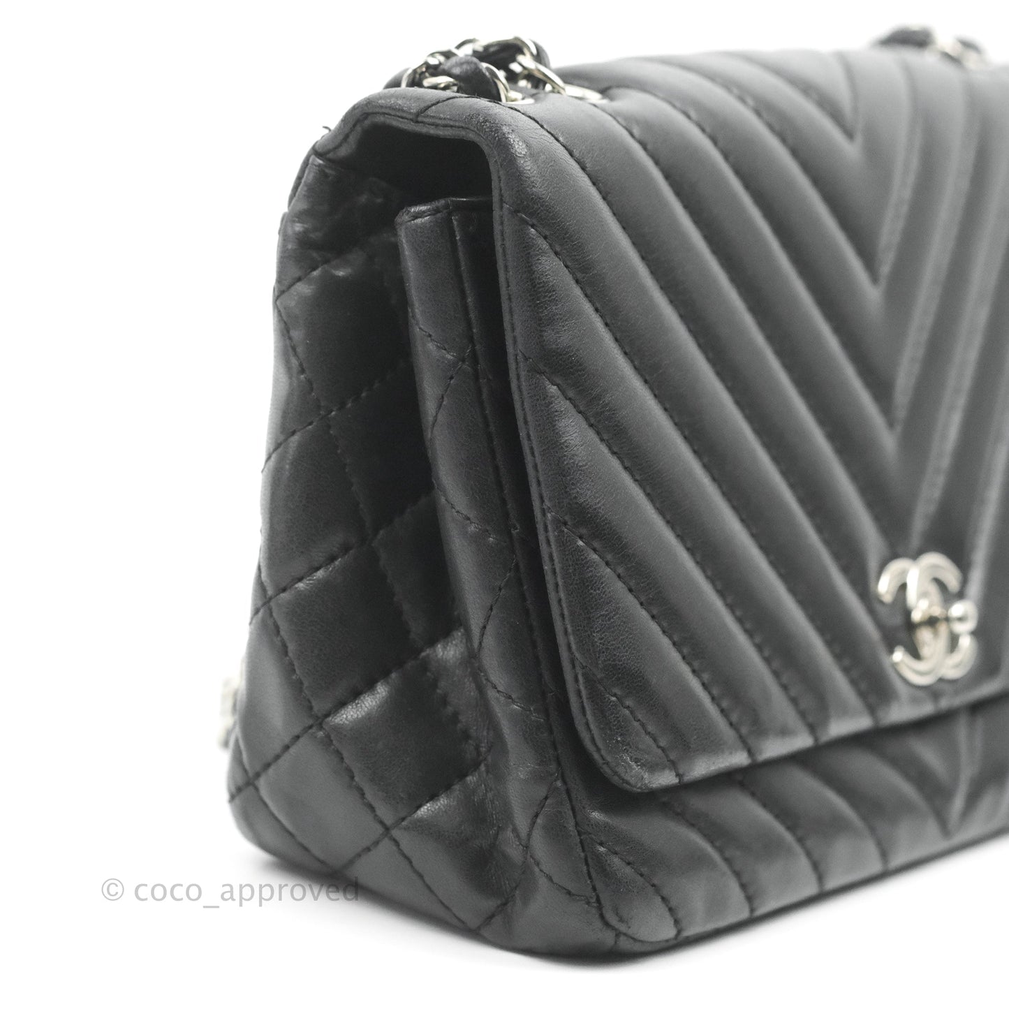 Chanel Quilted Large Single Flap Chevron Black Lambskin Silver Hardware