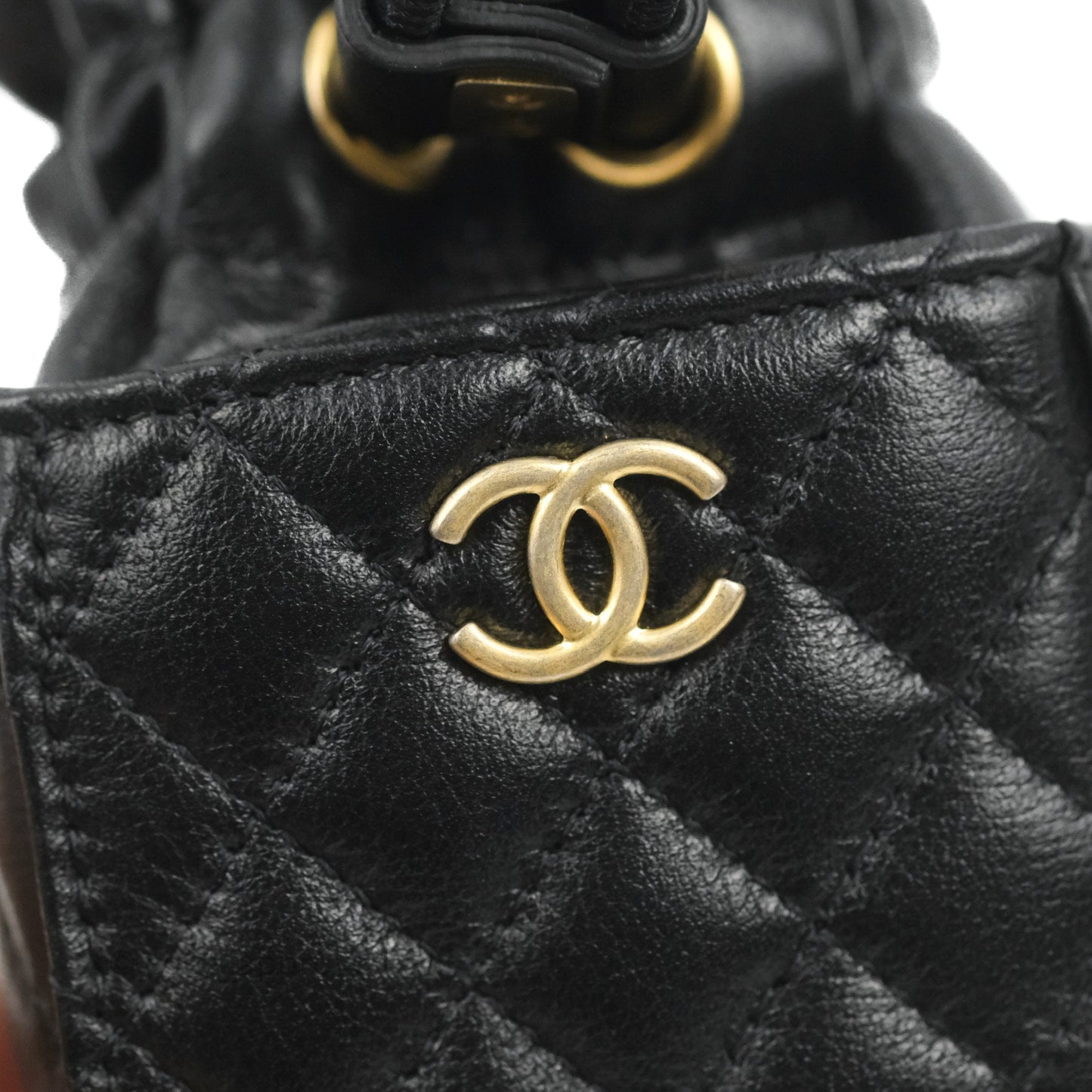 Chanel Mini Drawstring Bucket Bag with Chain Black Calfskin Aged Gold Hardware